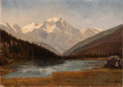 19th Century Oil on Canvas: Mountain Lake with Snow-Capped Peak