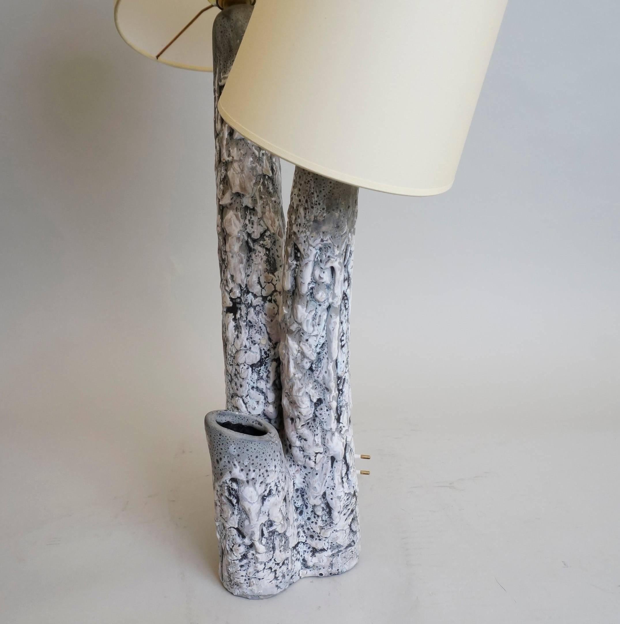 Enameled ceramic table lamp by Louis Giraud à Vallauris
Signed on the back
custom made fabric lampshades.
Rewired with twisted silk cord.

Measures: Ceramic 43 cm-16.9 in.
Height with lampshade 60 cm-23.6 in.