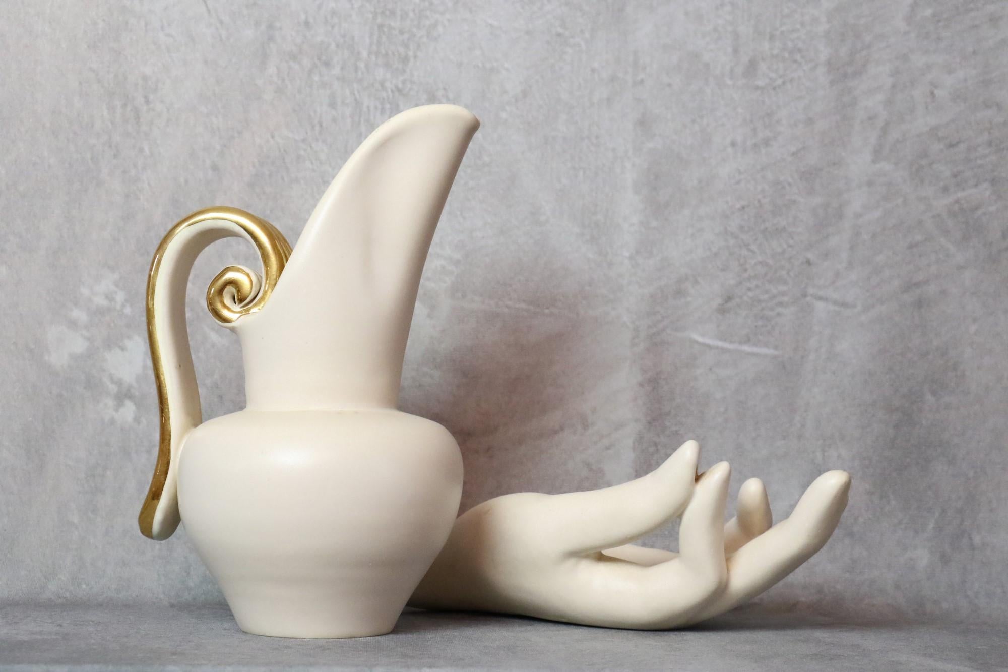 Louis Giraud Mid-Century French Ceramic White and Gold Pitcher, Vallauris, 1960s For Sale 2
