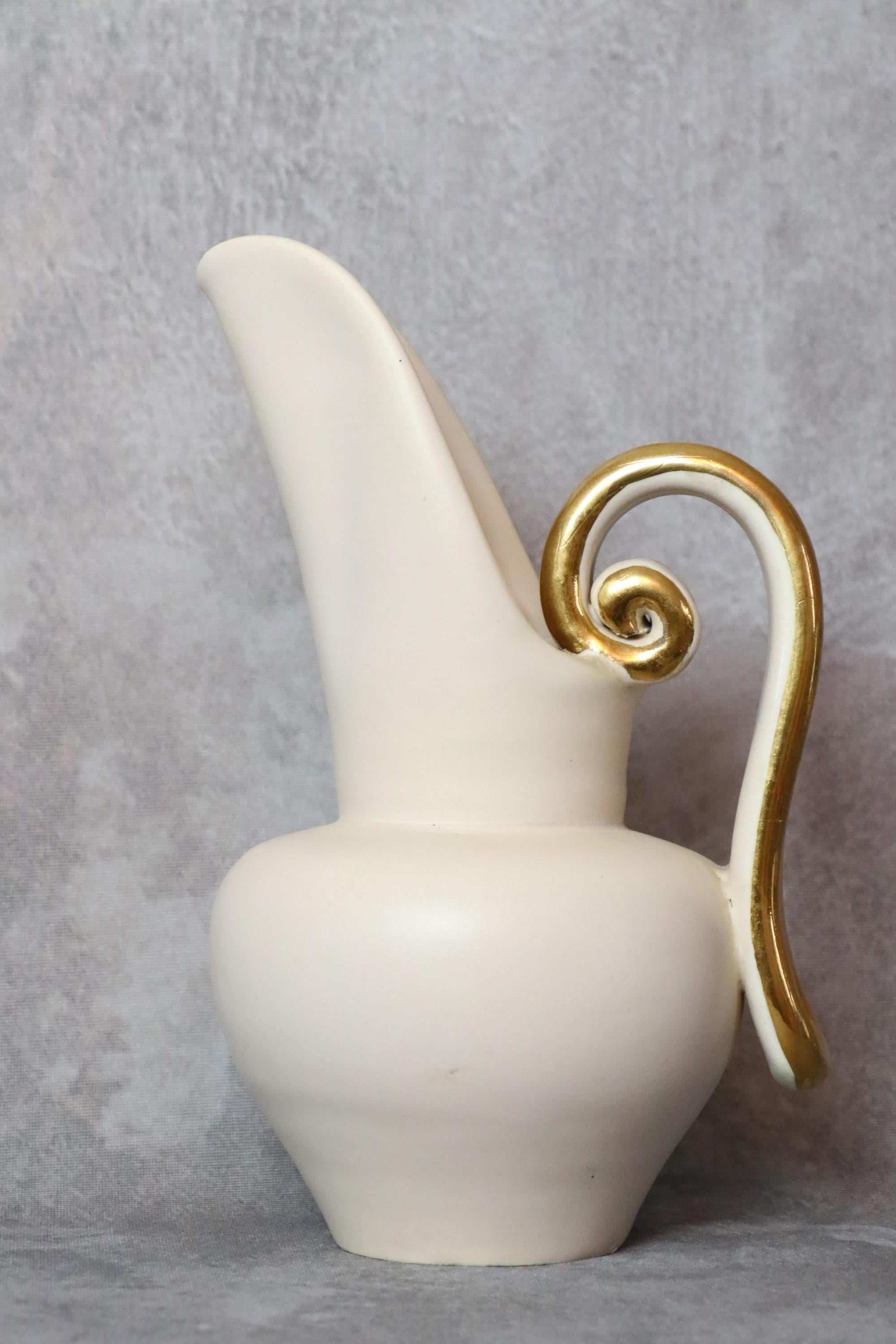 Mid-Century Modern Louis Giraud Mid-Century French Ceramic White and Gold Pitcher, Vallauris, 1960s For Sale