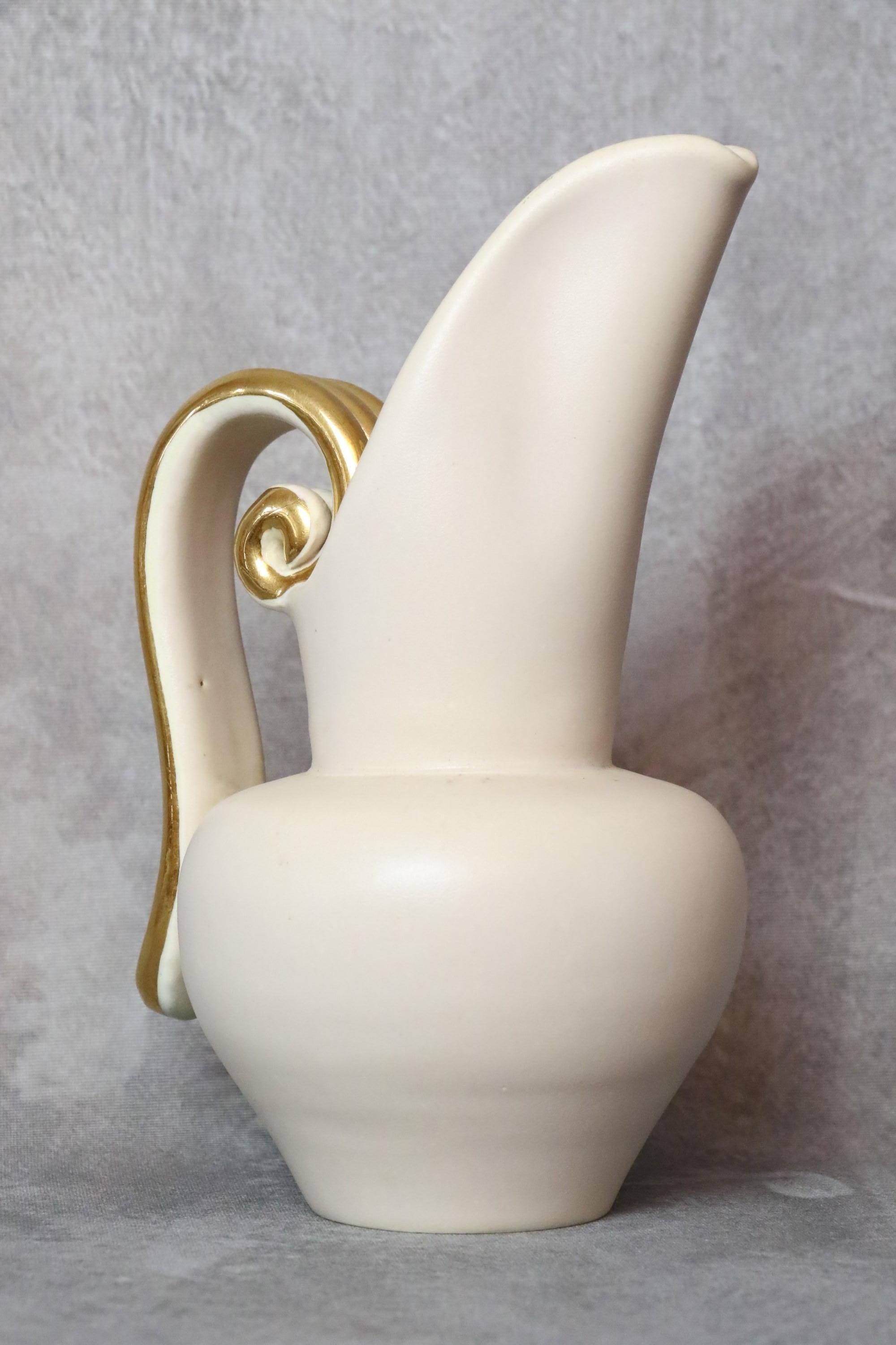 Hand-Crafted Louis Giraud Mid-Century French Ceramic White and Gold Pitcher, Vallauris, 1960s For Sale