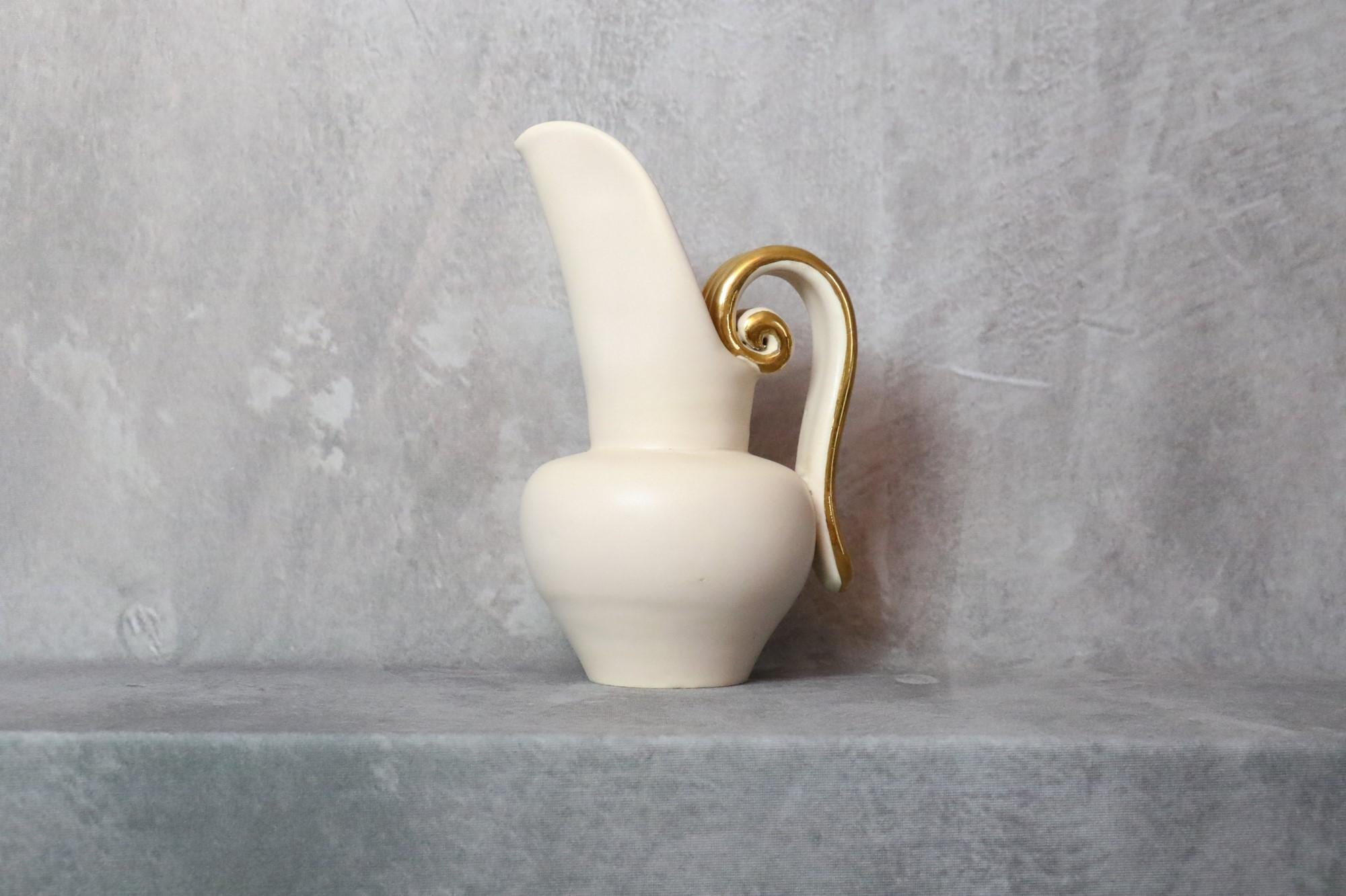 20th Century Louis Giraud Mid-Century French Ceramic White and Gold Pitcher, Vallauris, 1960s For Sale