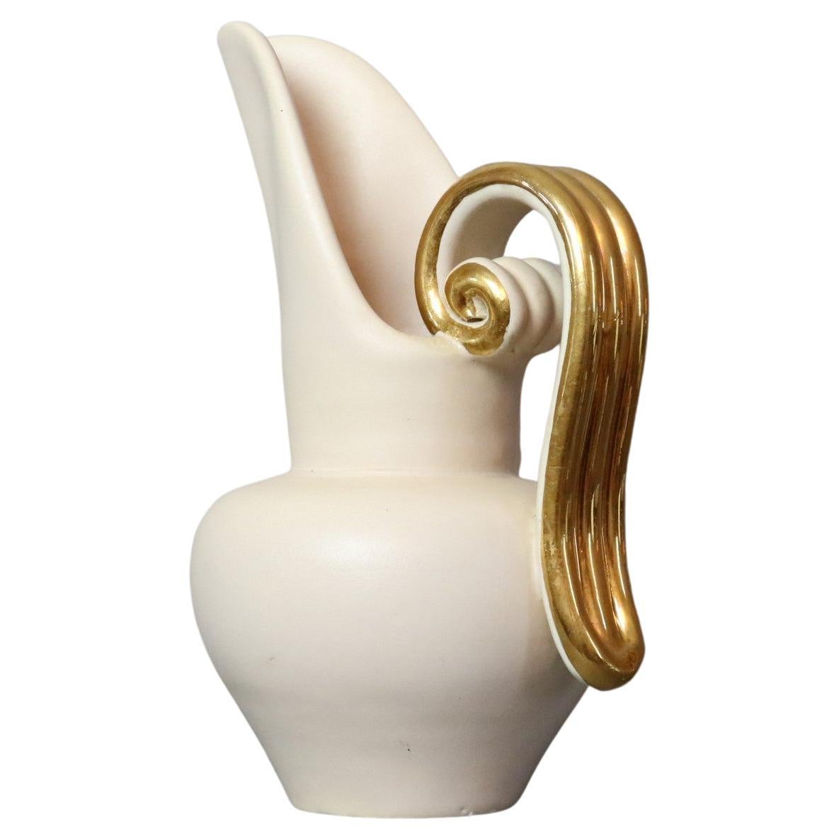Louis Giraud Mid-Century French Ceramic White and Gold Pitcher, Vallauris, 1960s For Sale
