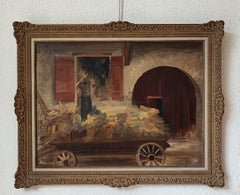 Work on the Farm Oil Painting, Framed, Mid-20th Century Landscape