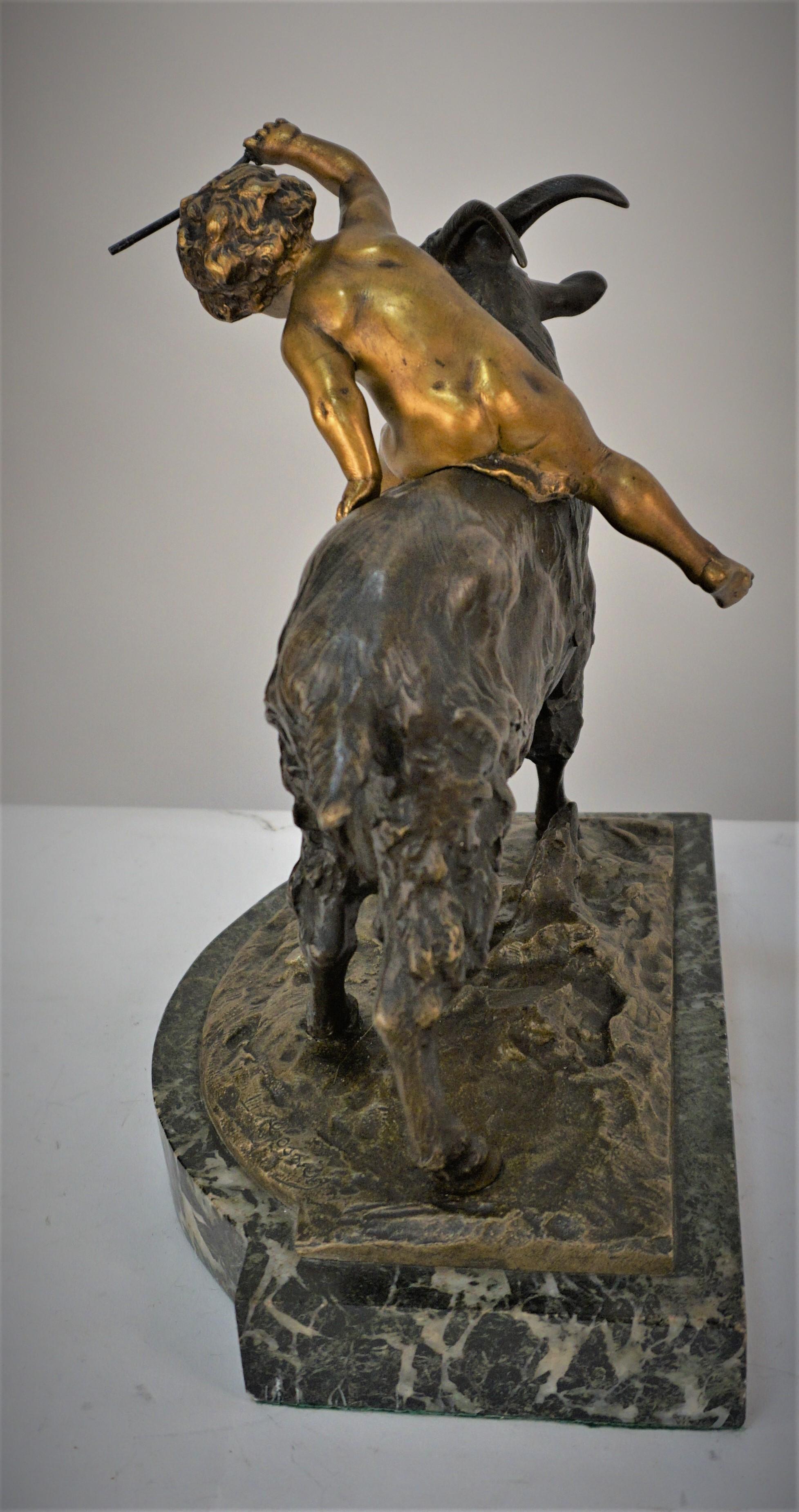 Early 20th Century Louis Gossin Boy Riding a Goat Bronze Sculpture 'French, 1846-1928'