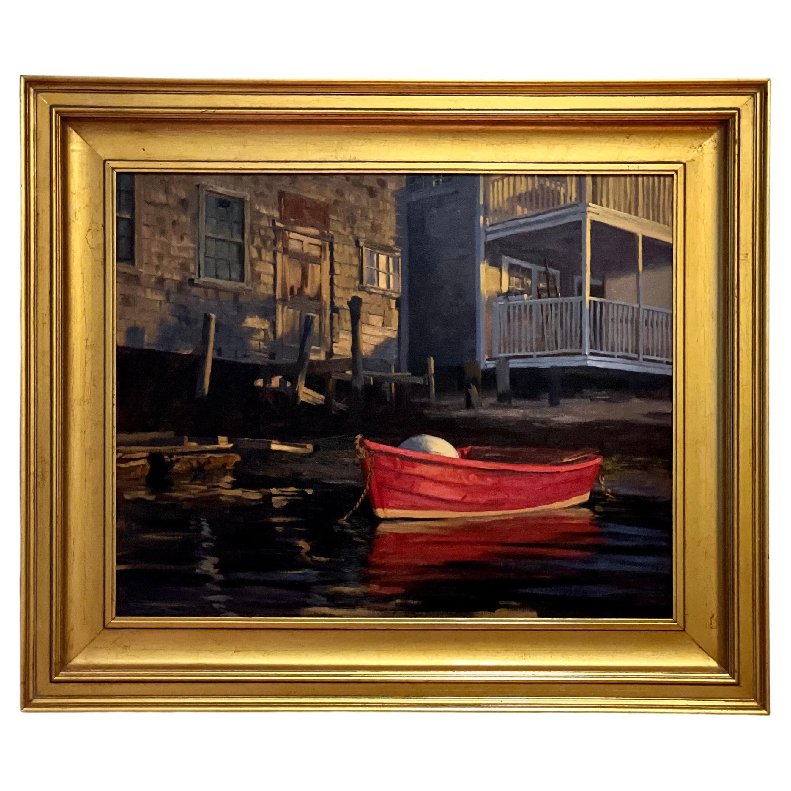 Louis Guarnaccia (b. 1958), Easy Street Boat Basin, Nantucket. 

A fine realist work in oil on linen. Charming red boat scene on the island of Nantucket, Massachusetts. Signed on lower left and back. 

Unframed: 30
