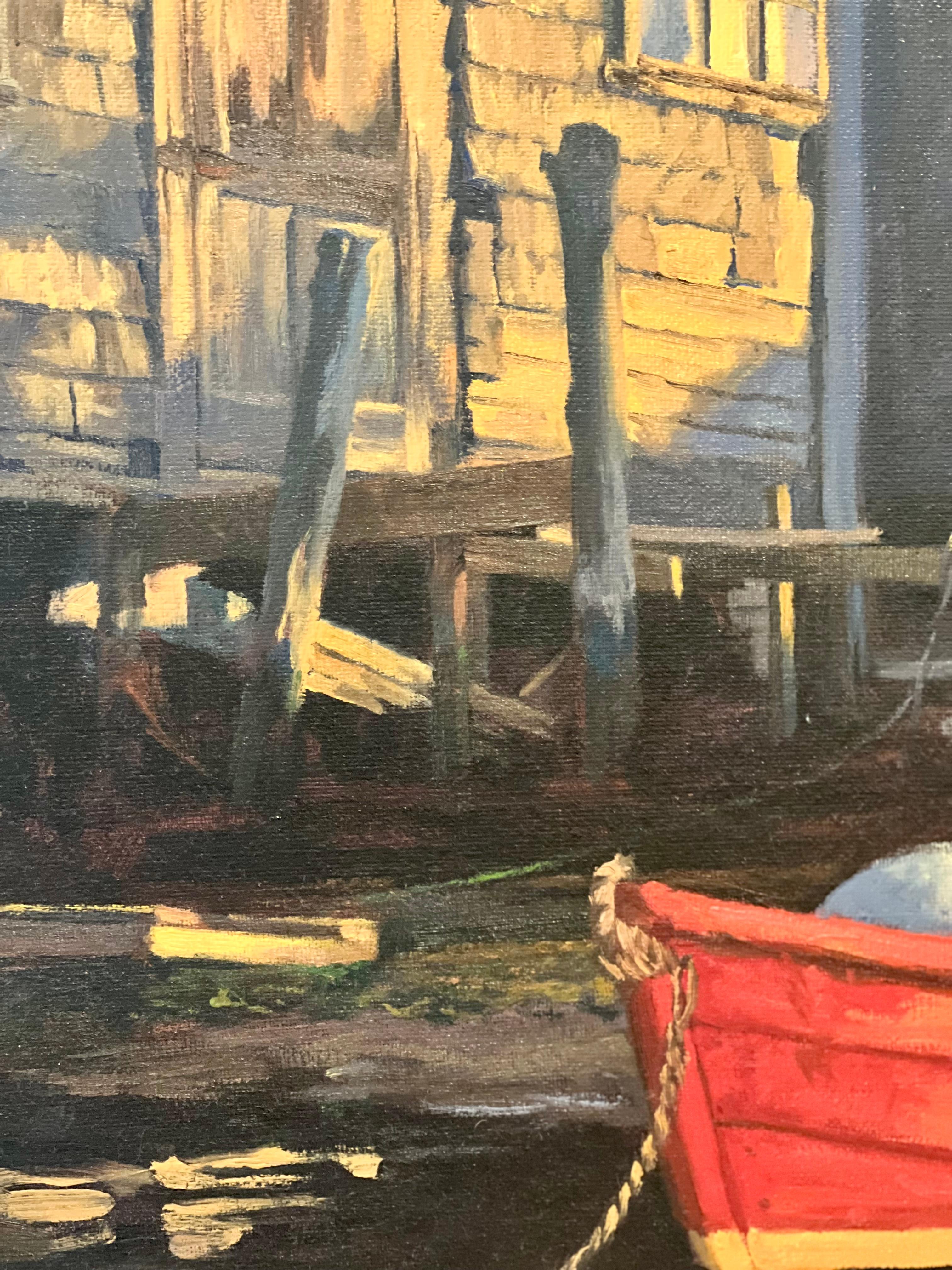 Louis Guarnaccia “Easy Street Boat Basin” Nantucket, Oil on Linen, 2001 In Good Condition For Sale In Doylestown, PA