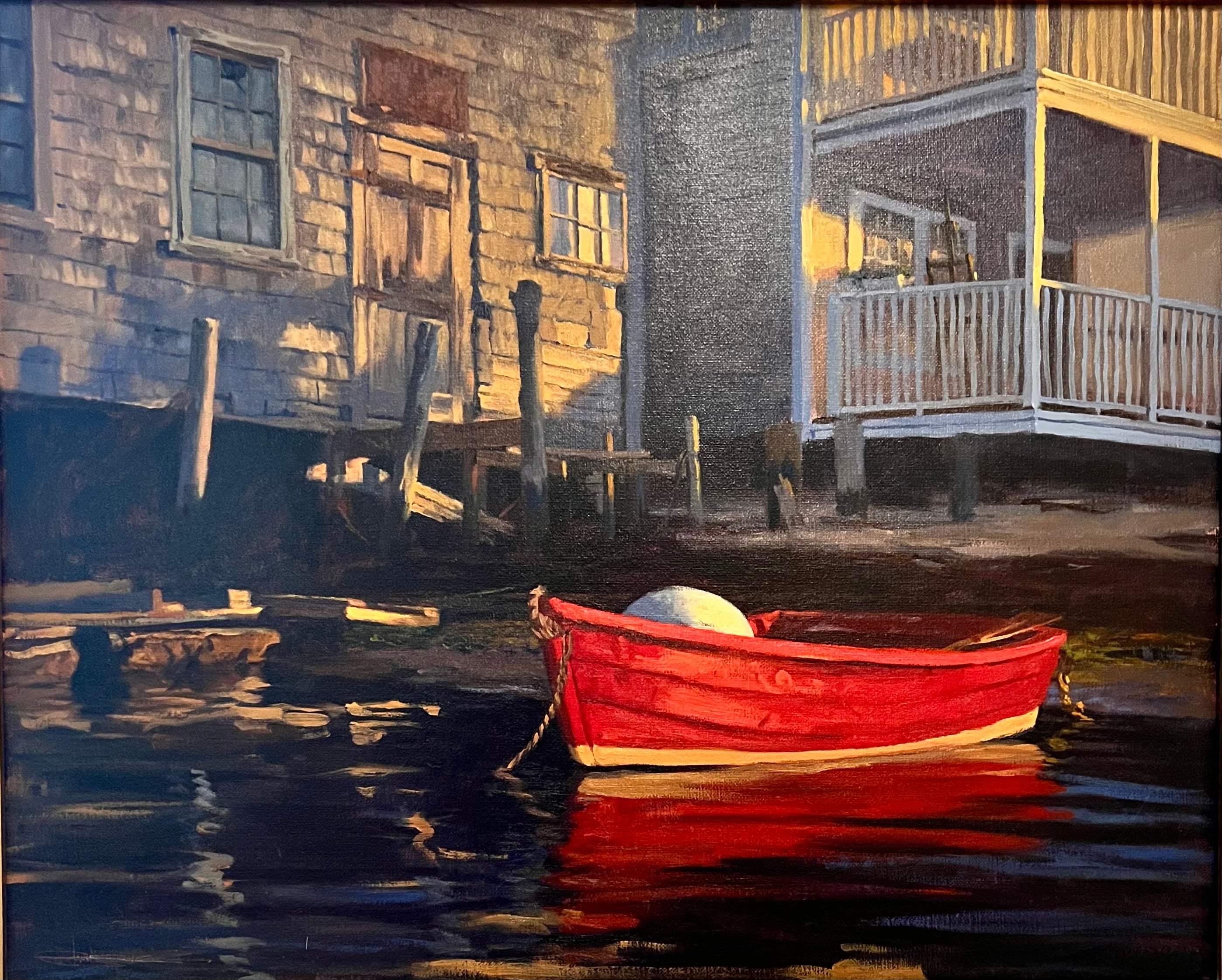 Easy Street Boat Basin Nantucket von Louis Guarnaccia, Öl auf Leinen, 2001 im Angebot