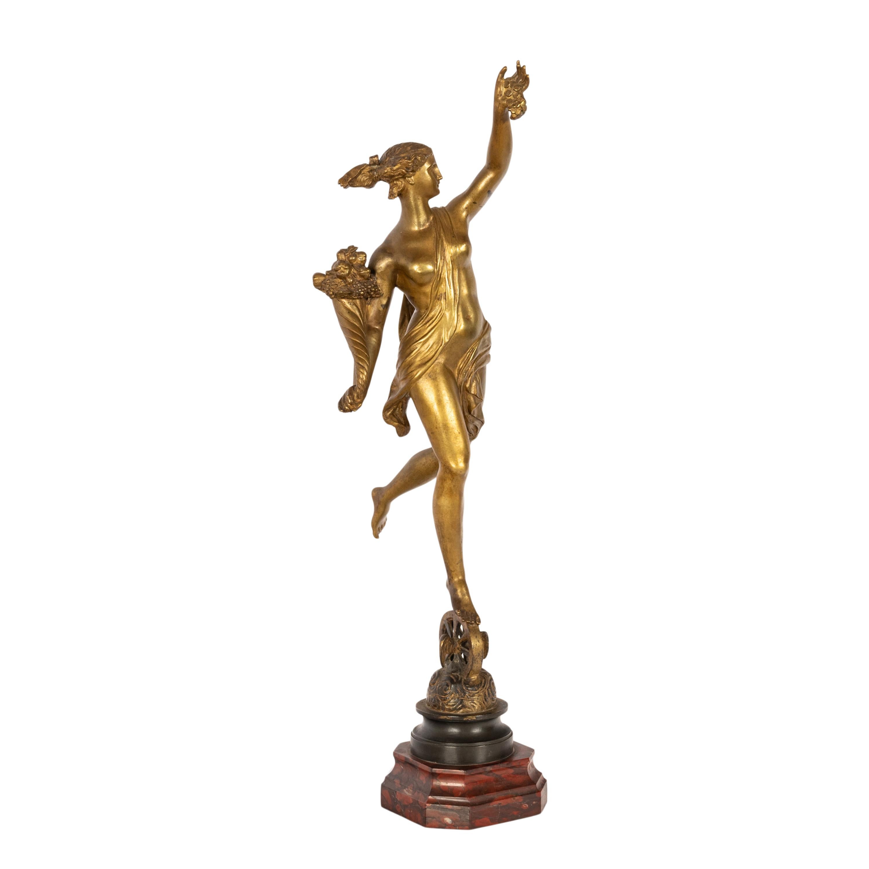 A very good large antique French gilt bronze of the Roman goddess Fortuna, by Louis Guillaume Fulconis (1818-1873), circa 1860.
The bronze is inspired by sculpture of the Italian Renaissance sculptor Giambologna (1529-1608). The bronze is finely