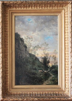 Antique French Barbizon Coastal Landscape Oil painting signed and dated 1881