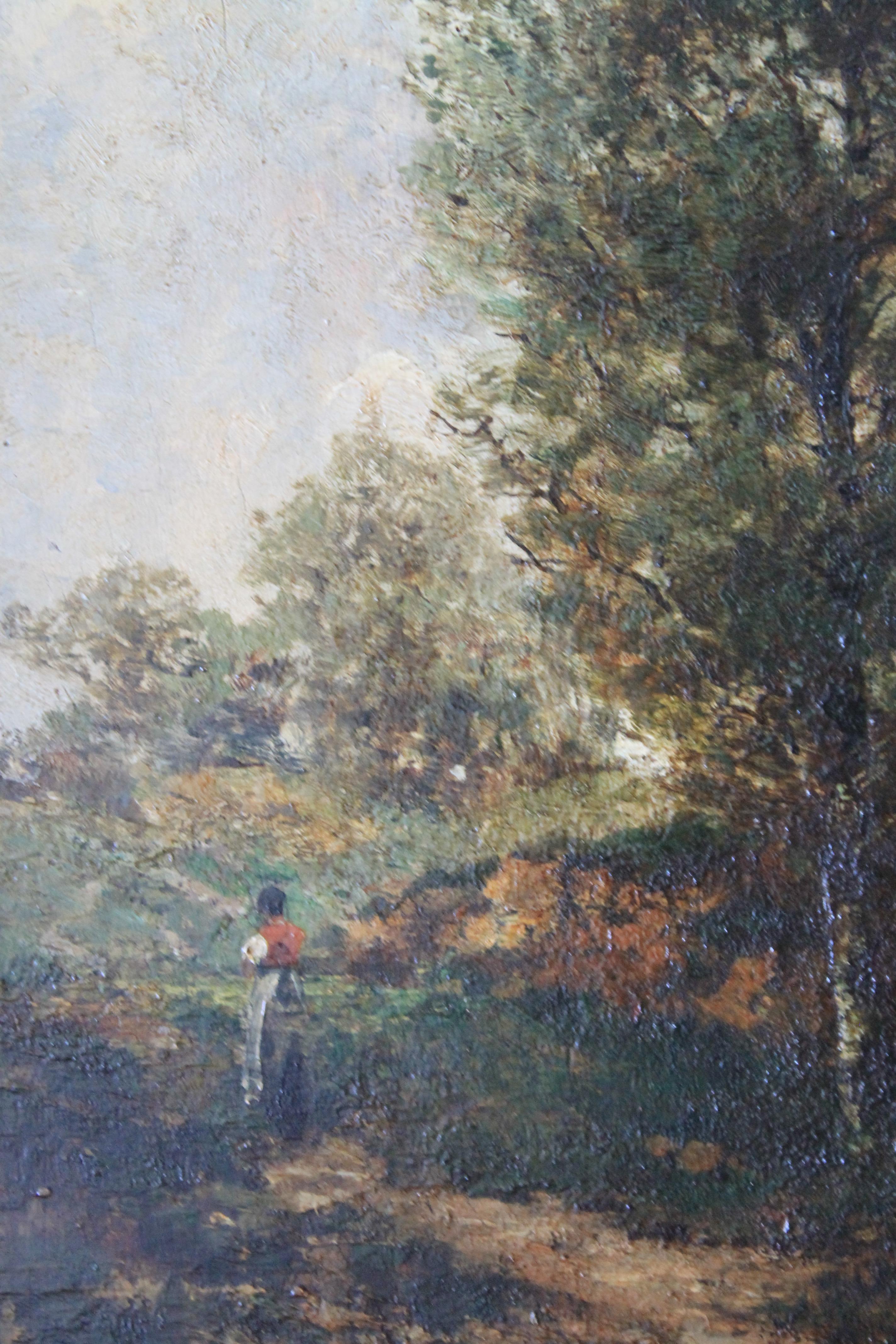 Antique French landscape oil painting in traditional Barbizon style, attributed to Louis Guy (1824-1888)  A typical French Barbizon style bucolic painting.  Authentic traditional French School oil painting, well painted with colourful trees/woodland