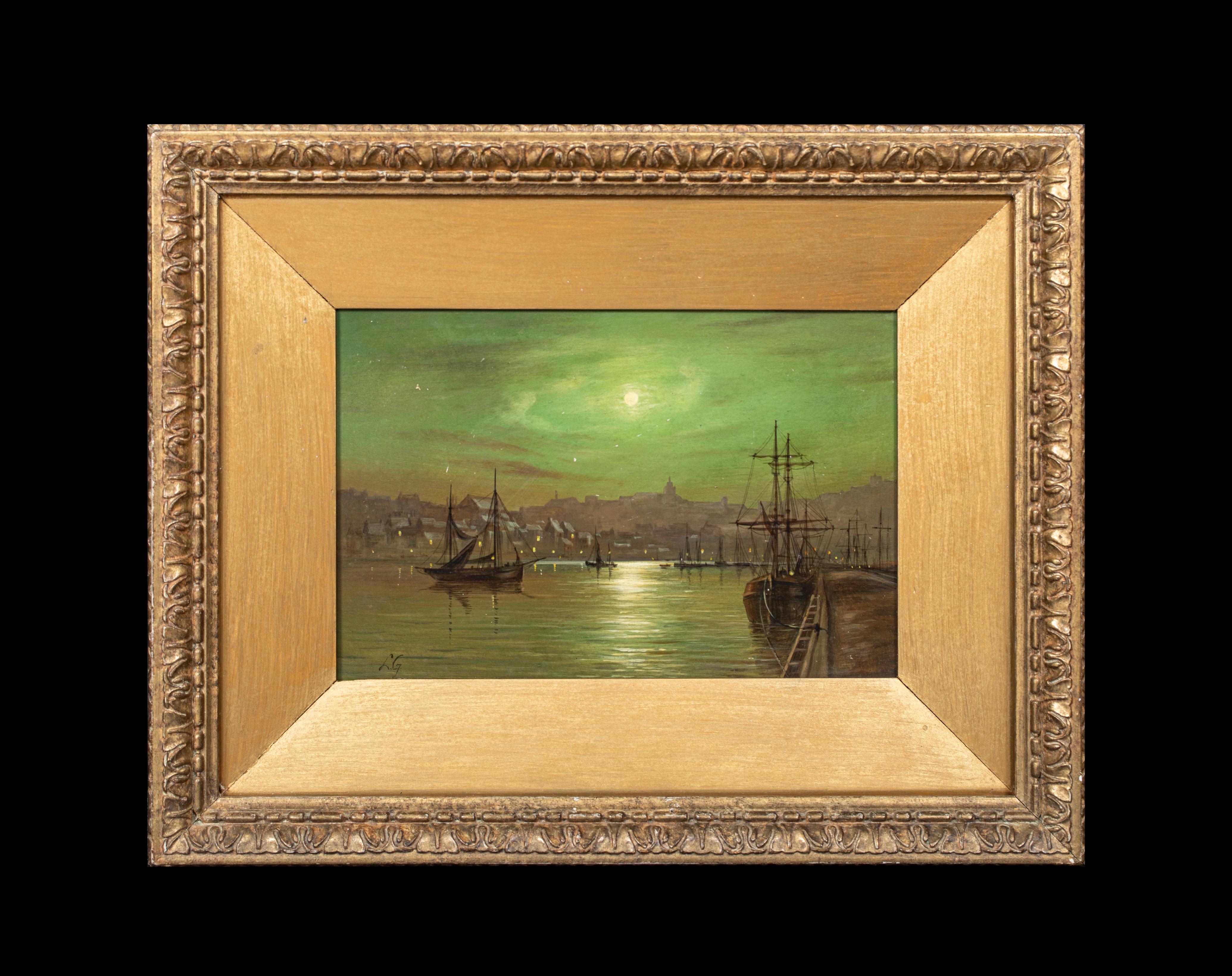 Whitby Harbour In The Moonlight, Louis Hubbard GRIMSHAW (1870-1943), 19. Jahrhundert – Painting von Unknown