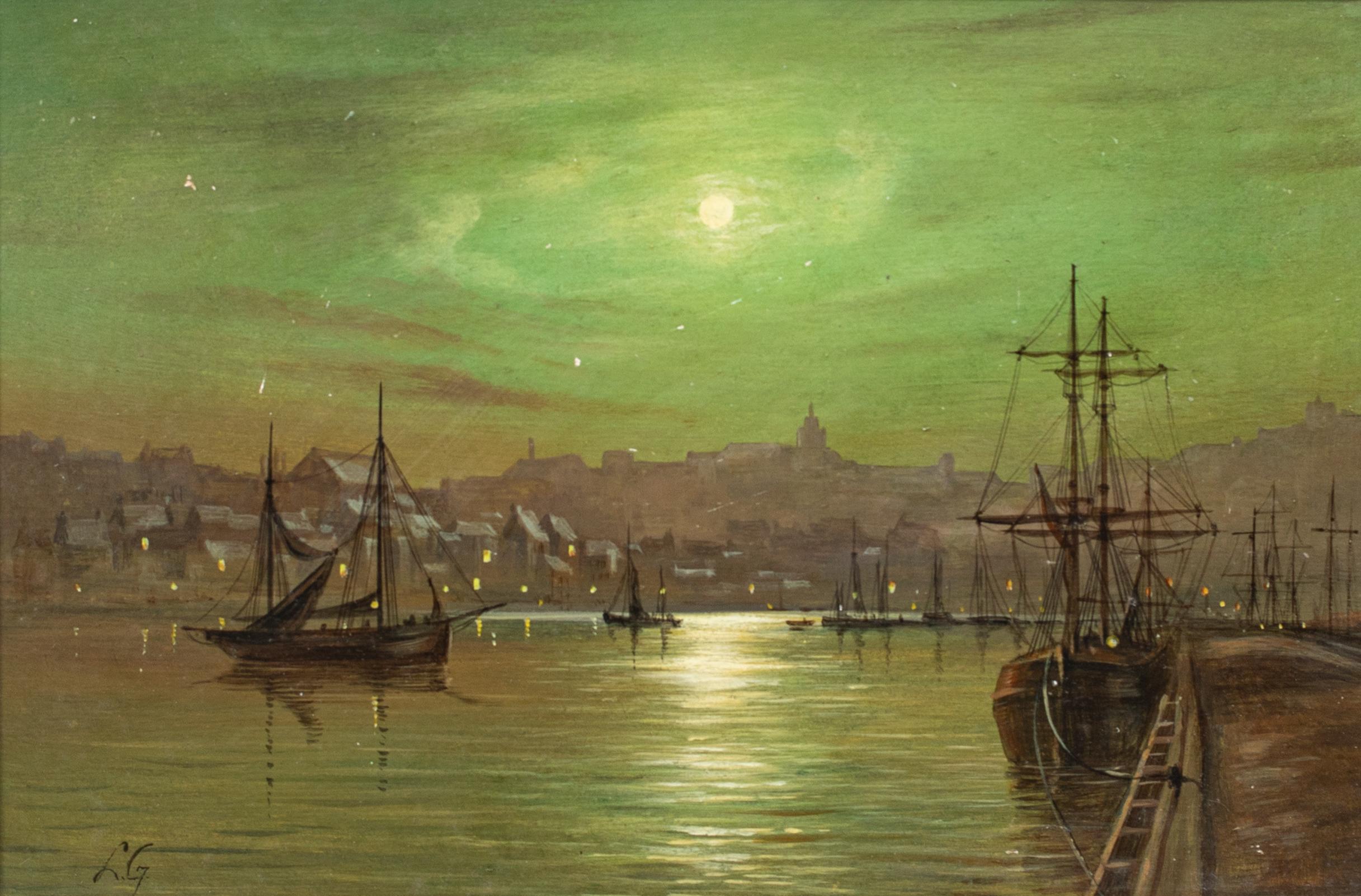Whitby Harbour In The Moonlight, Louis Hubbard GRIMSHAW (1870-1943), 19. Jahrhundert (Braun), Landscape Painting, von Unknown