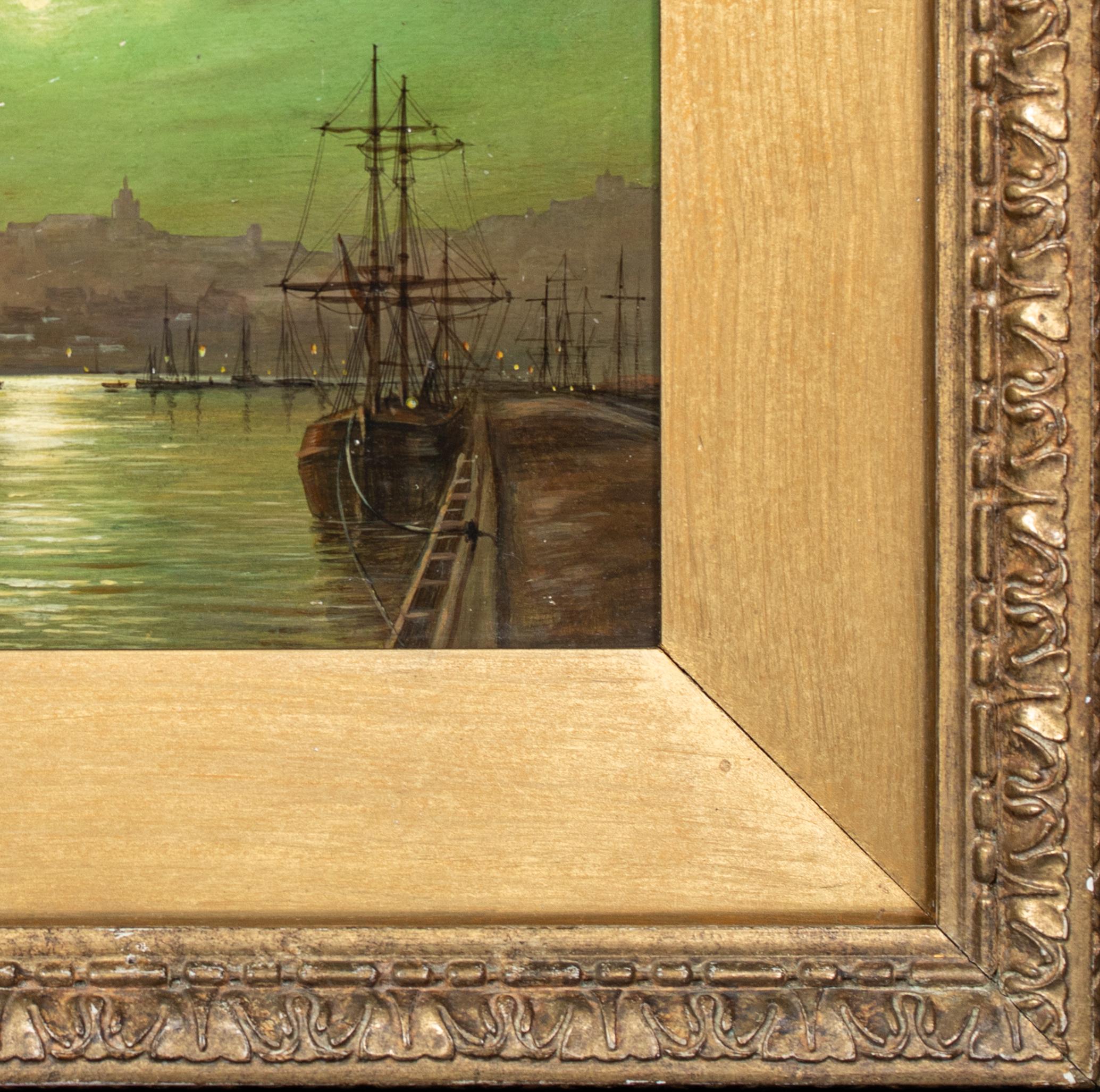 Hafen von Whitby im Mondlicht, 19. Jahrhundert

Louis Hubbard GRIMSHAW (1870-1943) zugeschrieben 

Ansicht des Hafens von Whitby im Mondlicht aus dem 19. Jahrhundert, Öl auf Tafel von Louis Grimshaw. Ausgezeichnete Qualität und Zustand Nocturne mit