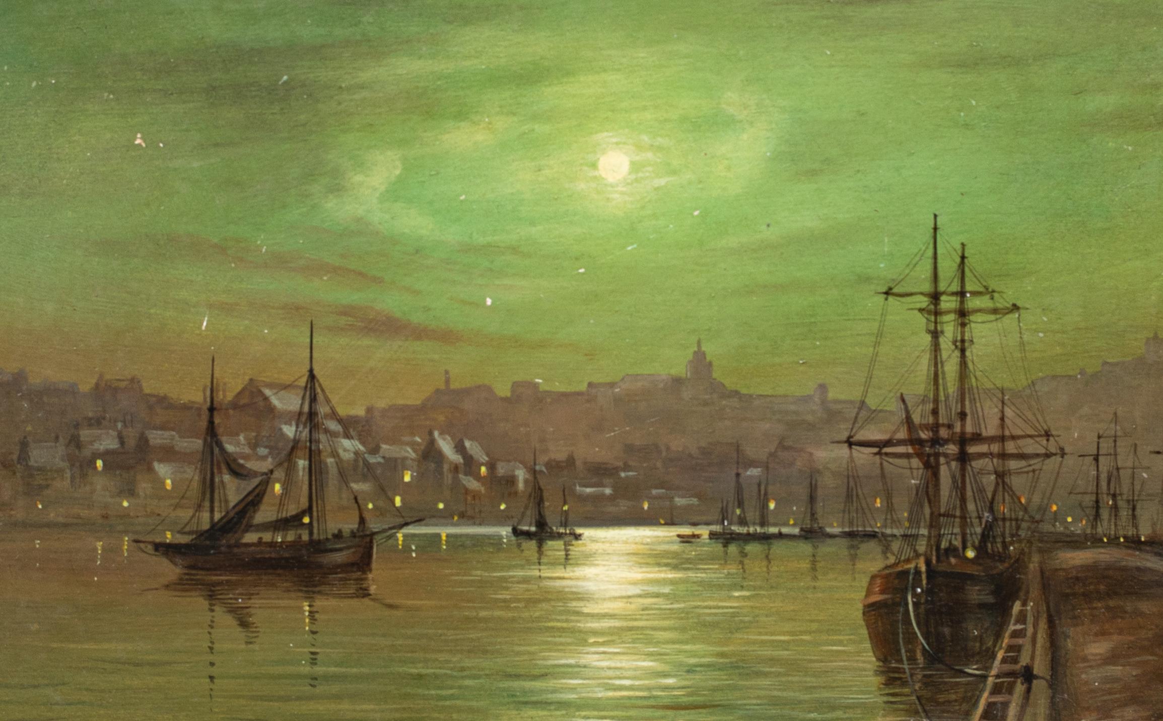 Whitby Harbour In The Moonlight, Louis Hubbard GRIMSHAW (1870-1943), 19. Jahrhundert im Angebot 1