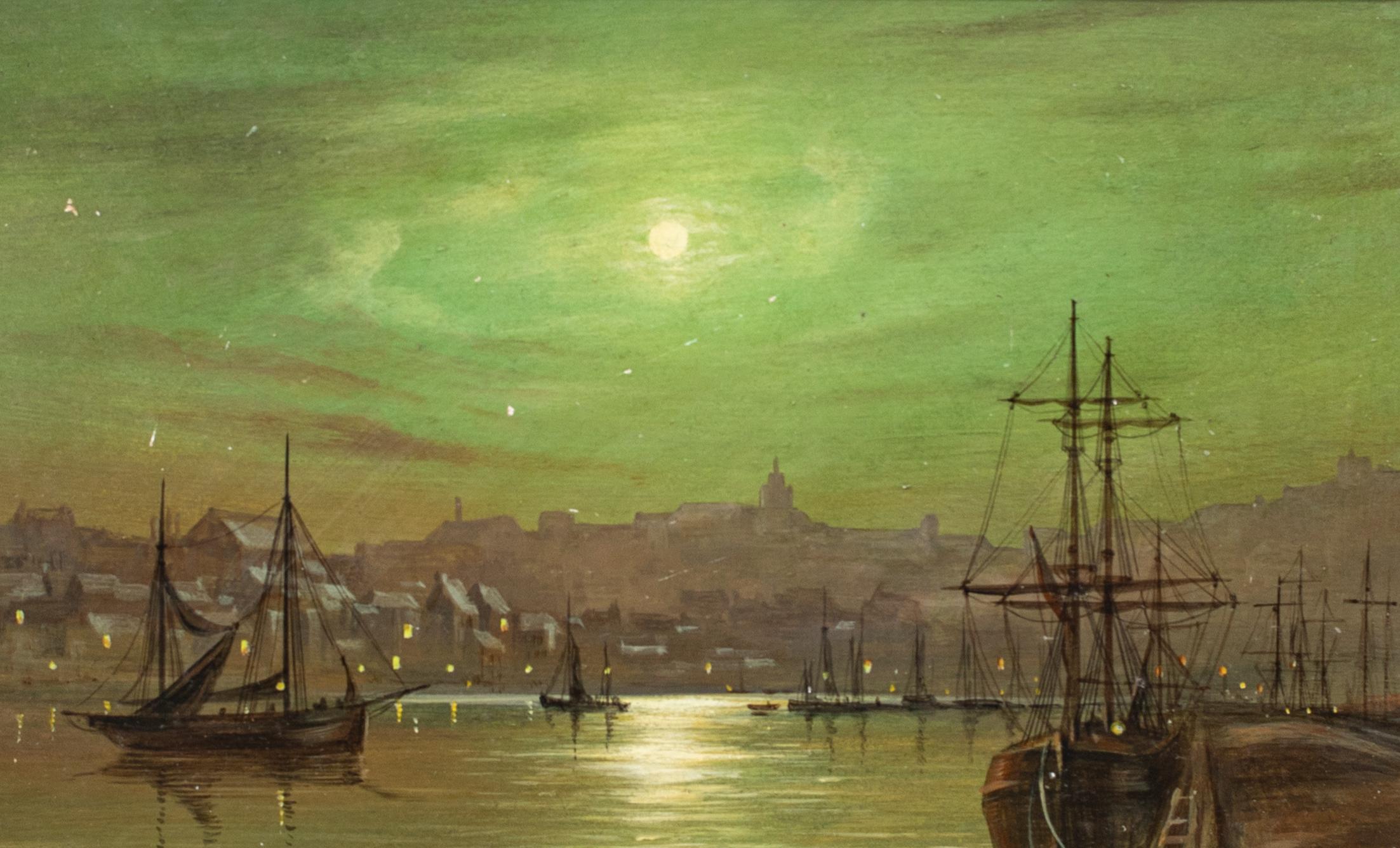 Whitby Harbour In The Moonlight, Louis Hubbard GRIMSHAW (1870-1943), 19. Jahrhundert im Angebot 2