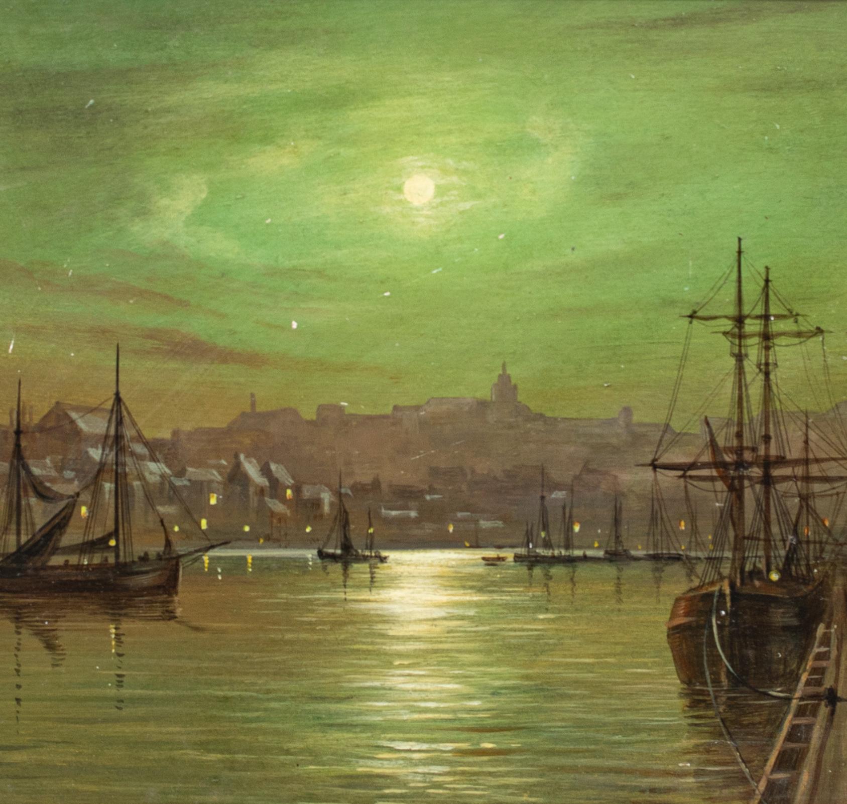 Whitby Harbour In The Moonlight, Louis Hubbard GRIMSHAW (1870-1943), 19. Jahrhundert im Angebot 3