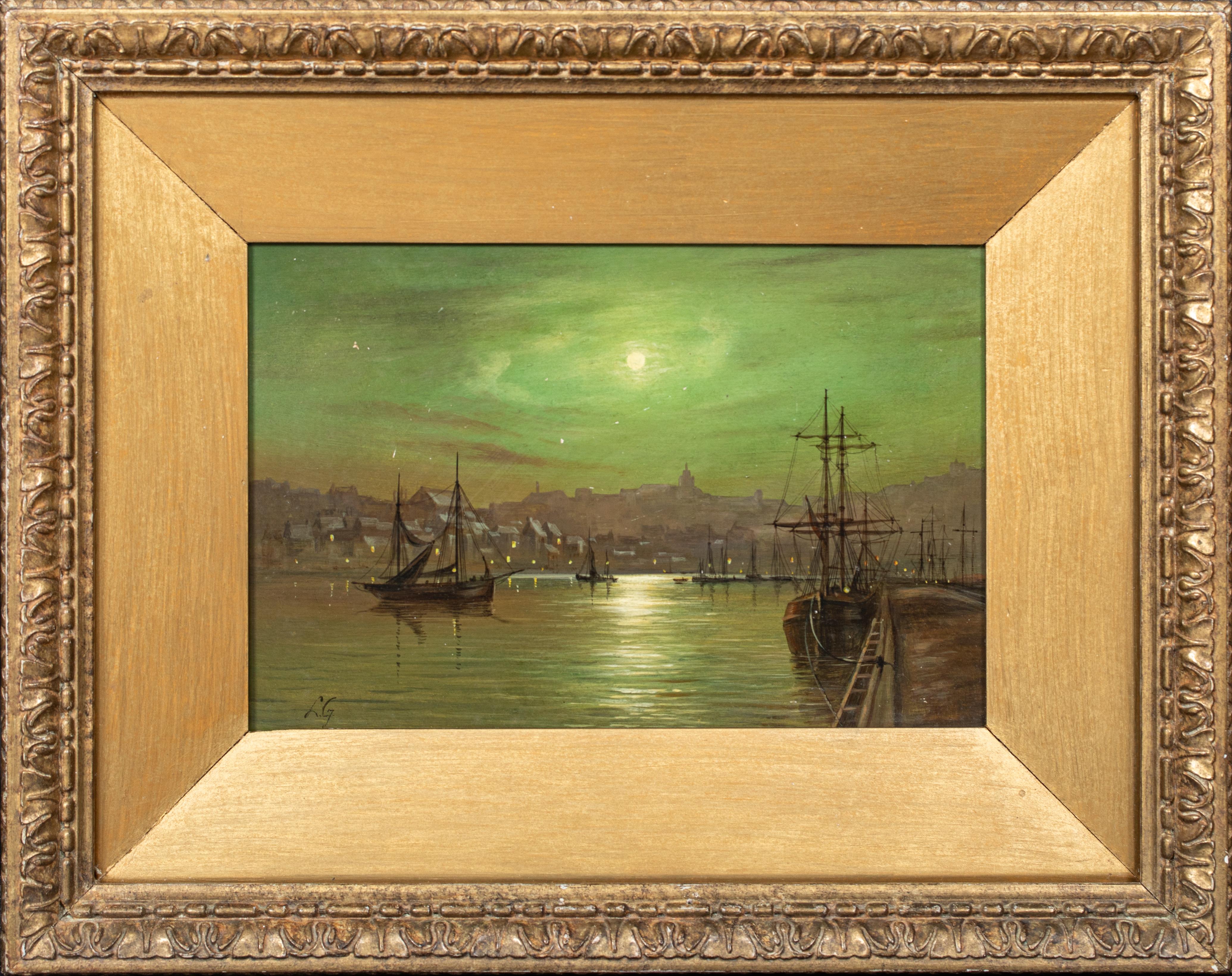 Unknown Landscape Painting – Whitby Harbour In The Moonlight, Louis Hubbard GRIMSHAW (1870-1943), 19. Jahrhundert