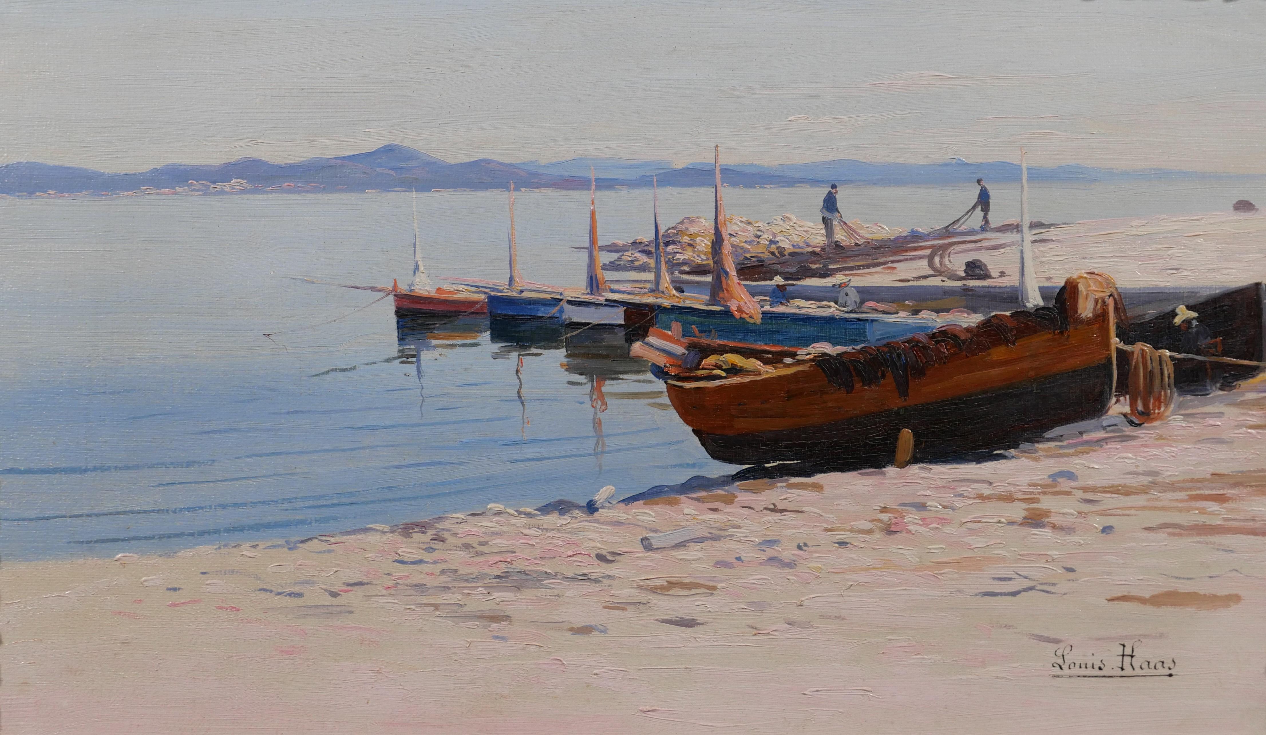 Louis HAAS Landscape Painting – Saint-Tropez, Boot am Punkt (Frankreich)