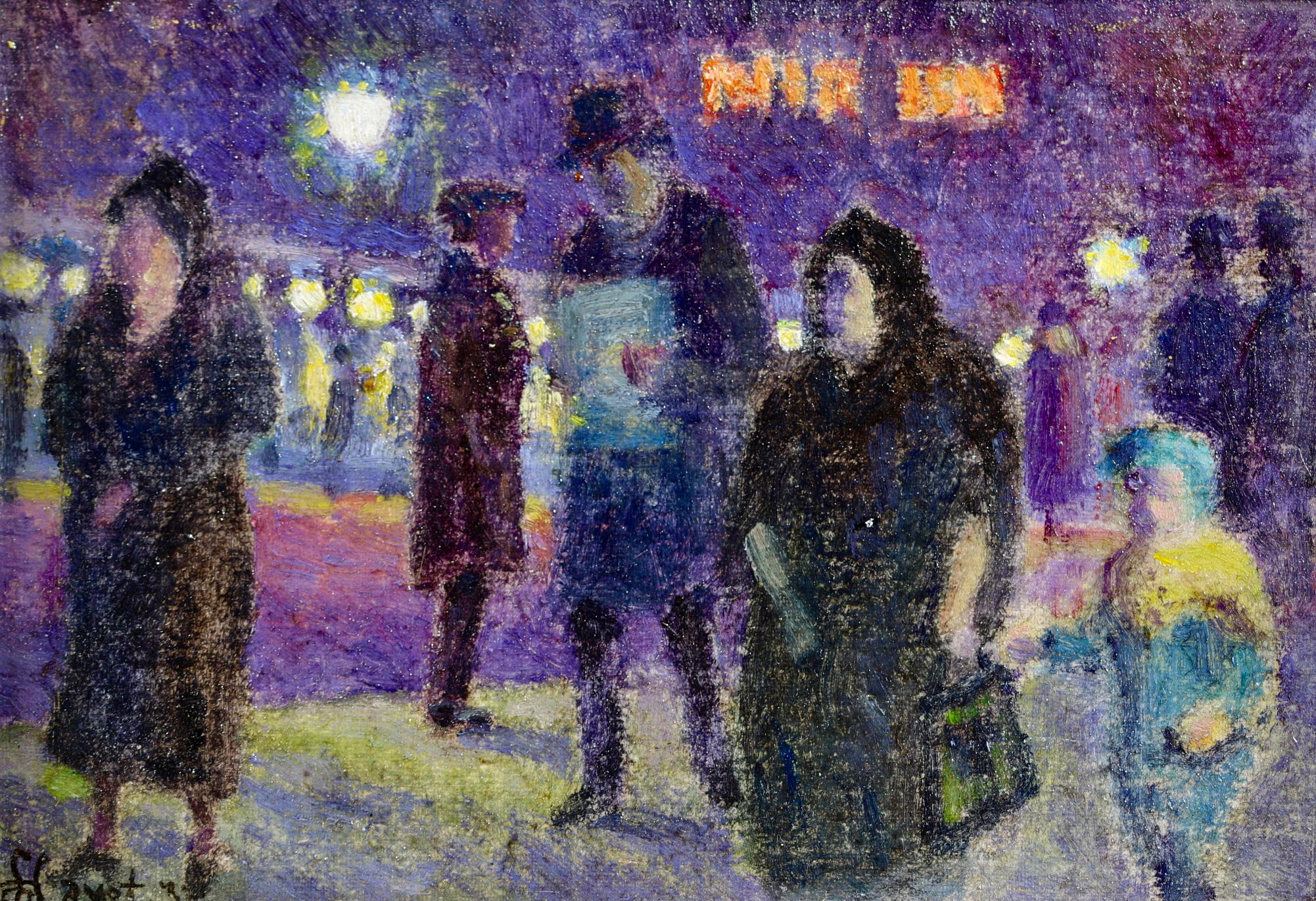 La soirée à Paris - Huile du 20e siècle, Figures dans un paysage urbain la nuit - Louis Hayet en vente 1