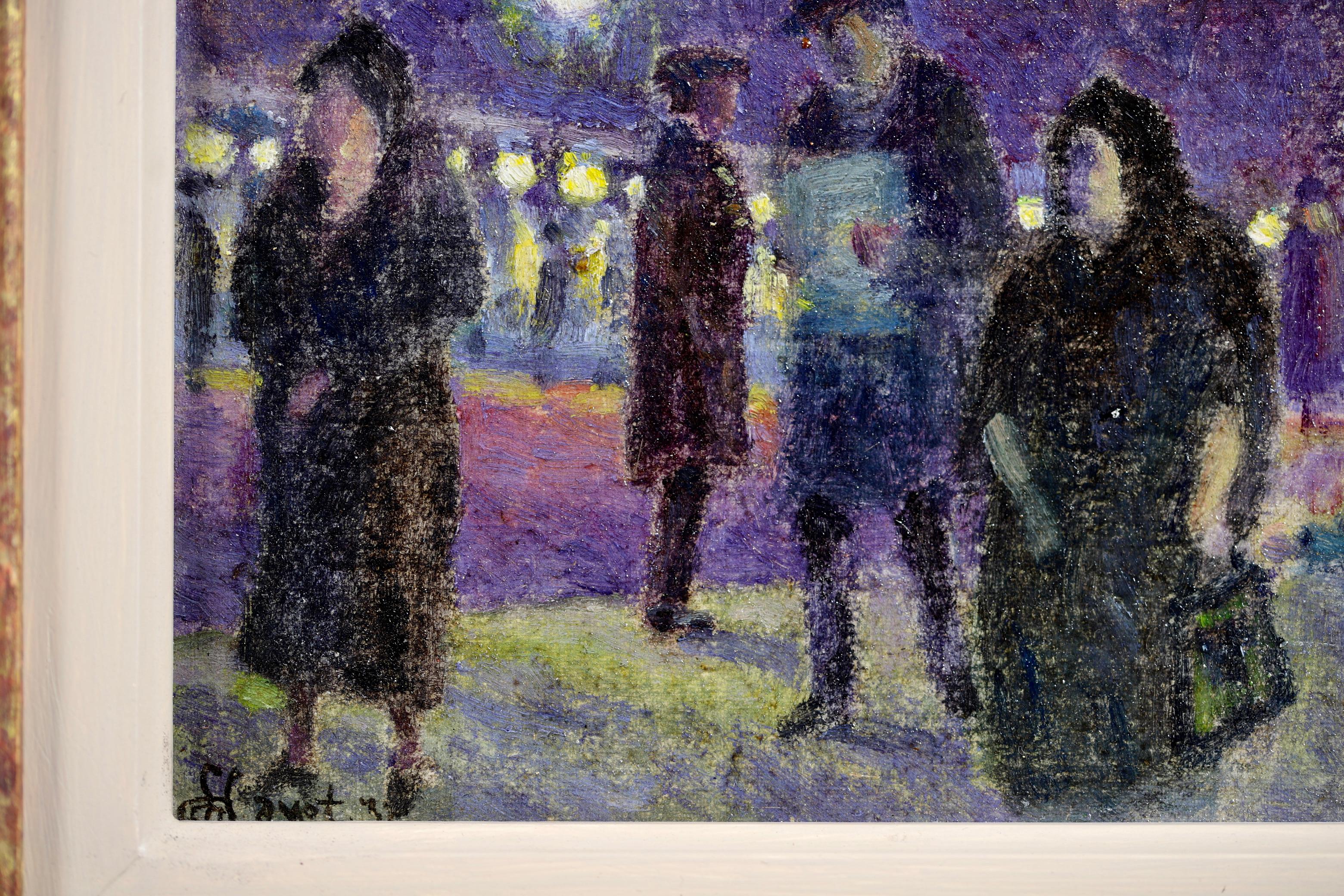 A wonderful oil on canvas by Louis Hayet depicting figures in a cityscape at evening time. Signed and dated 1932 lower left. 

Louis Hayet had a difficult and itinerant childhood, due to the instability of his father, an amateur artist. He began to