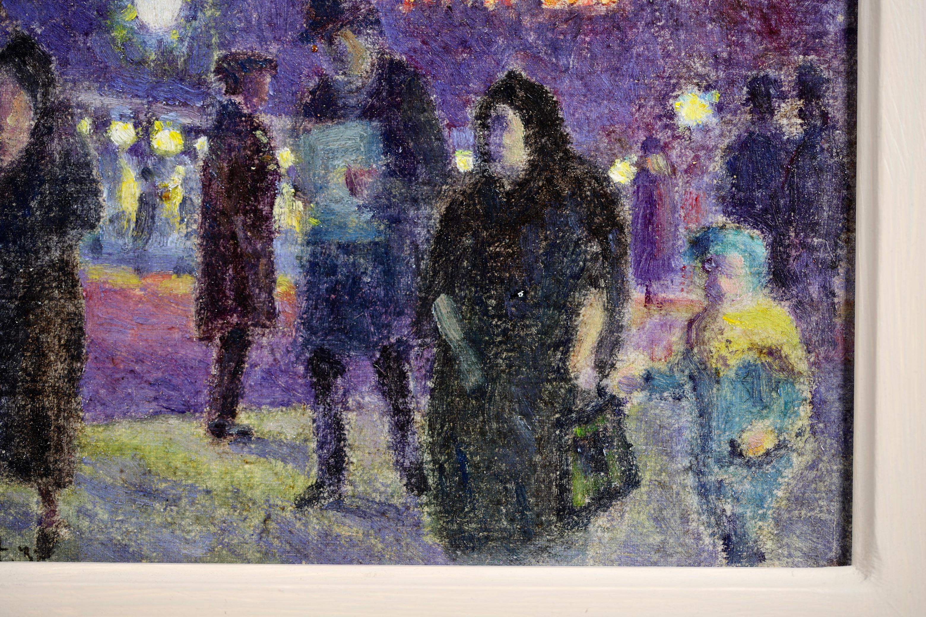 Evening in Paris - 20th Century Oil, Figures in Cityscape at Night - Louis Hayet For Sale 1