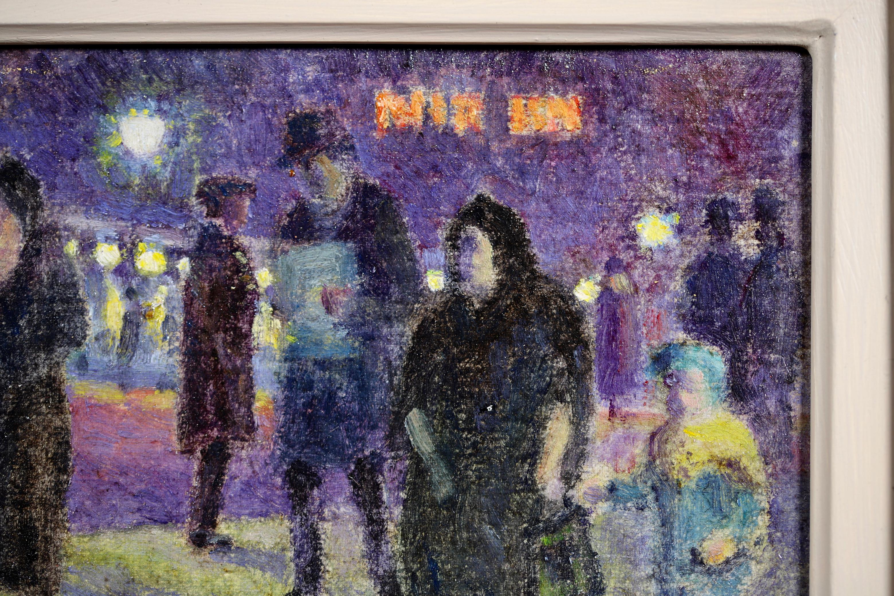 Evening in Paris - 20th Century Oil, Figures in Cityscape at Night - Louis Hayet For Sale 2