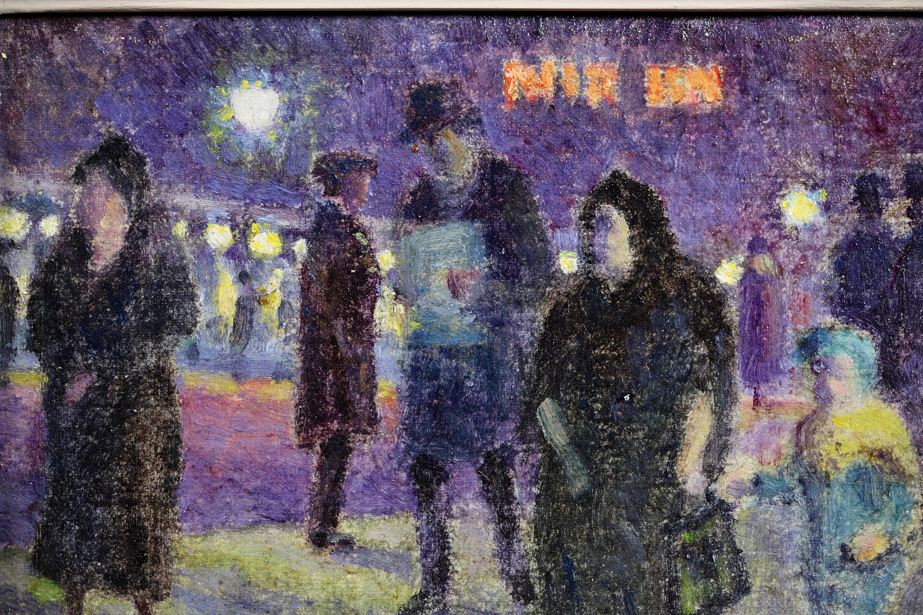 Evening in Paris - 20th Century Oil, Figures in Cityscape at Night - Louis Hayet For Sale 3