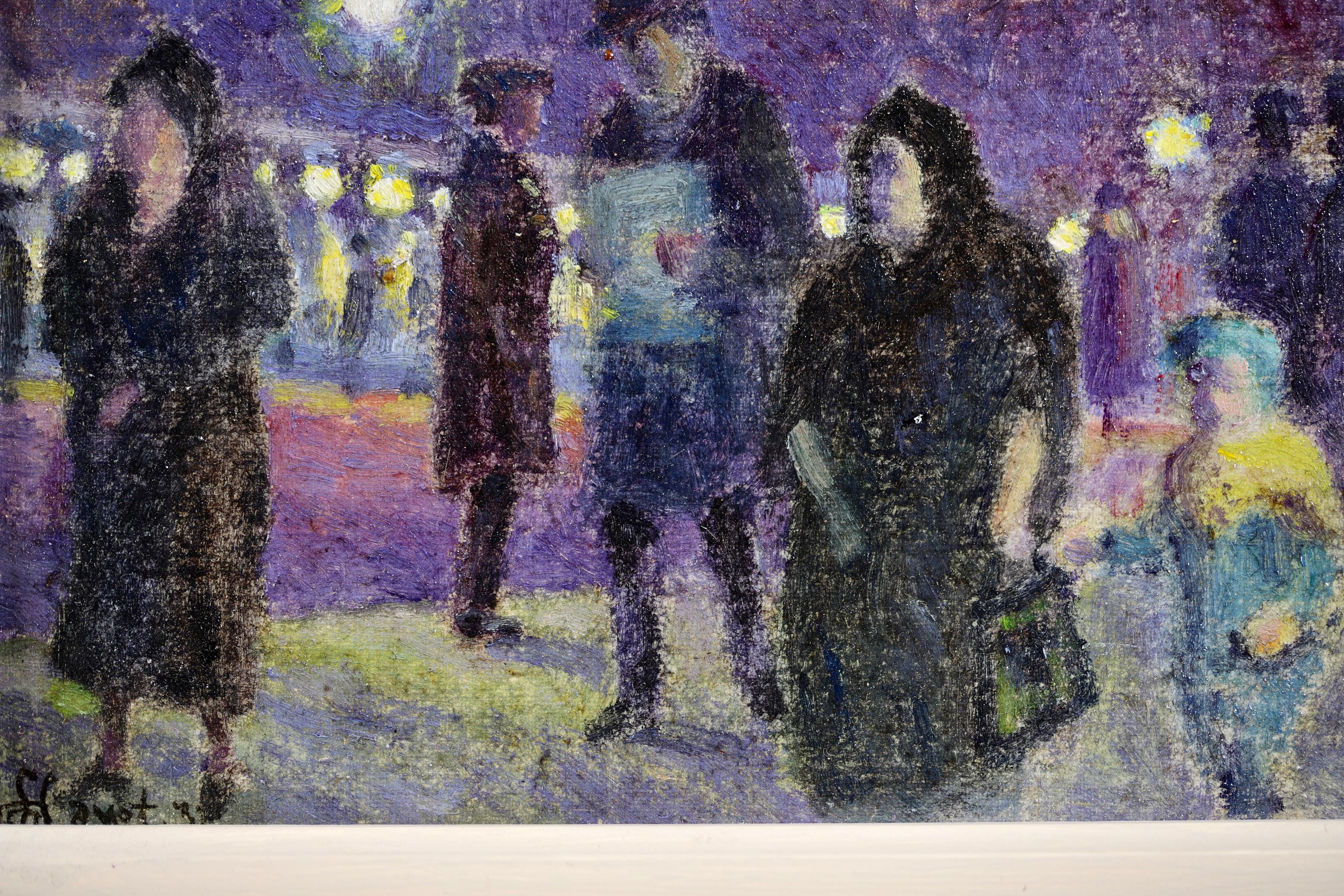Evening in Paris - 20th Century Oil, Figures in Cityscape at Night - Louis Hayet For Sale 4