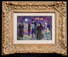 Evening in Paris - 20th Century Oil, Figures in Cityscape at Night - Louis Hayet