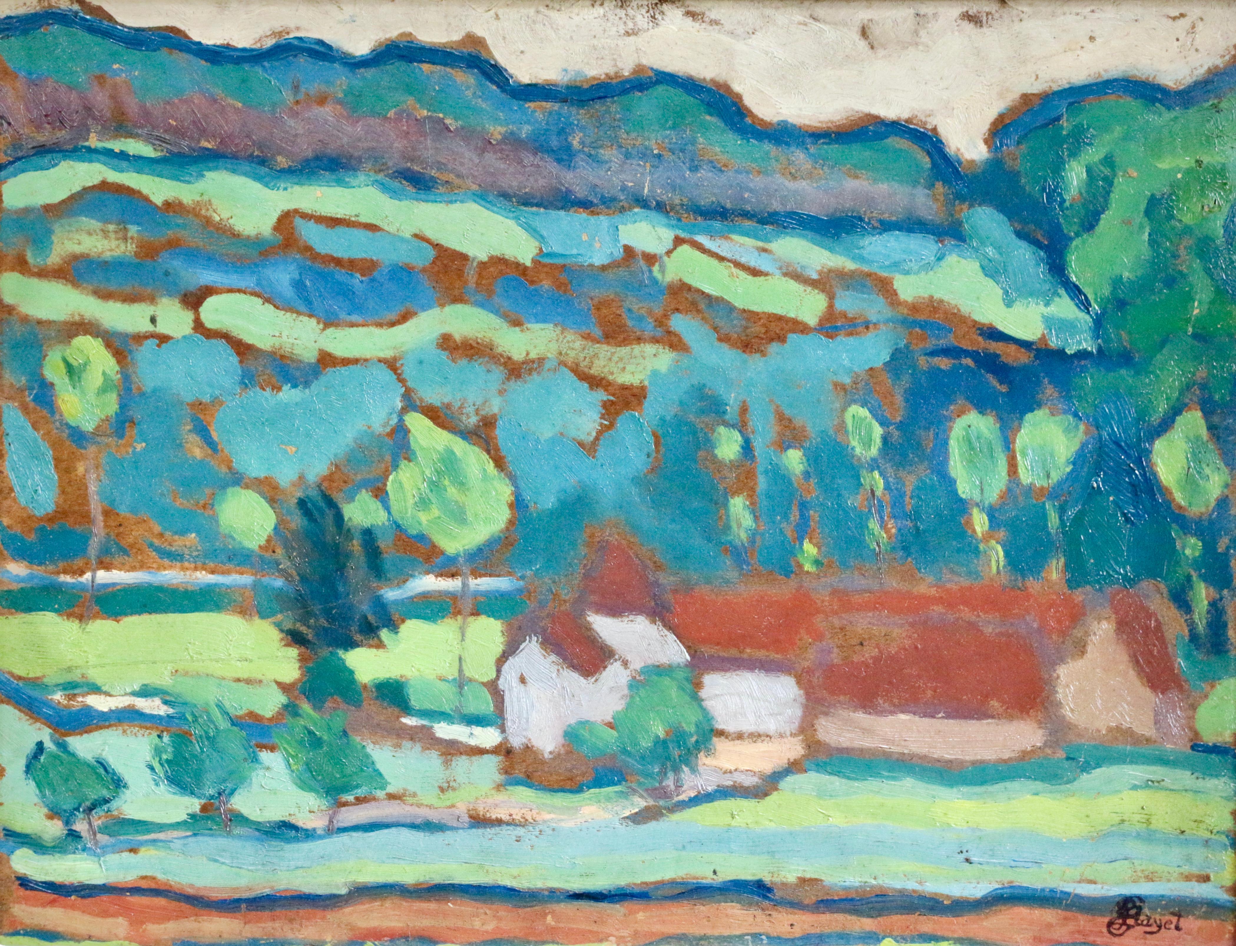 Landschaft – Landschaft des 19. und 20. Jahrhunderts:: Postimpressionismus:: Bauernhaus in Hills von L Hayet (Impressionismus), Painting, von Louis Hayet