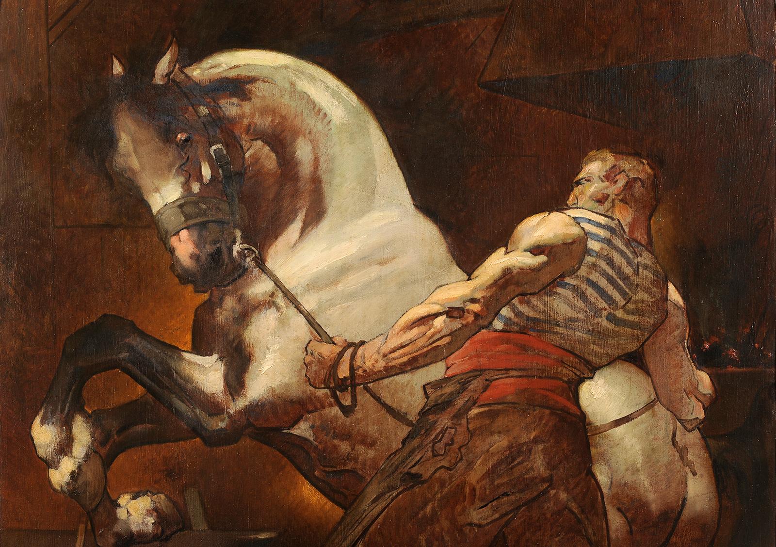 Pferd in der Schmiede – Painting von Louis Henri Deluermoz