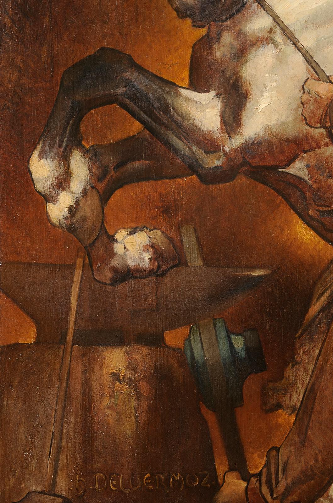 Pferd in der Schmiede (Braun), Portrait Painting, von Louis Henri Deluermoz