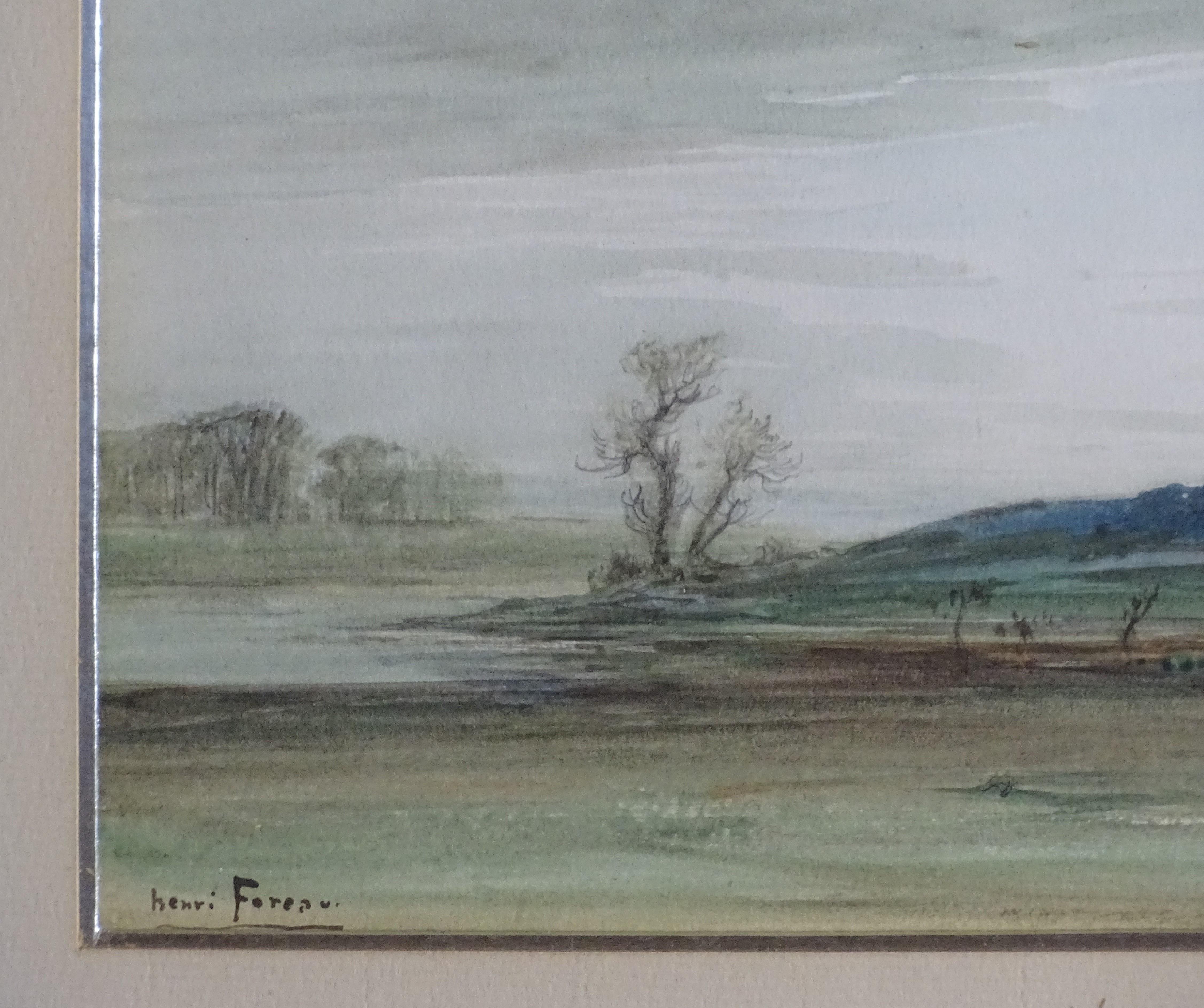 Late 19th Century Symbolist Style Henri Foreau Landscape Watercolor on Paper - Gray Landscape Painting by Louis-Henri Foreau