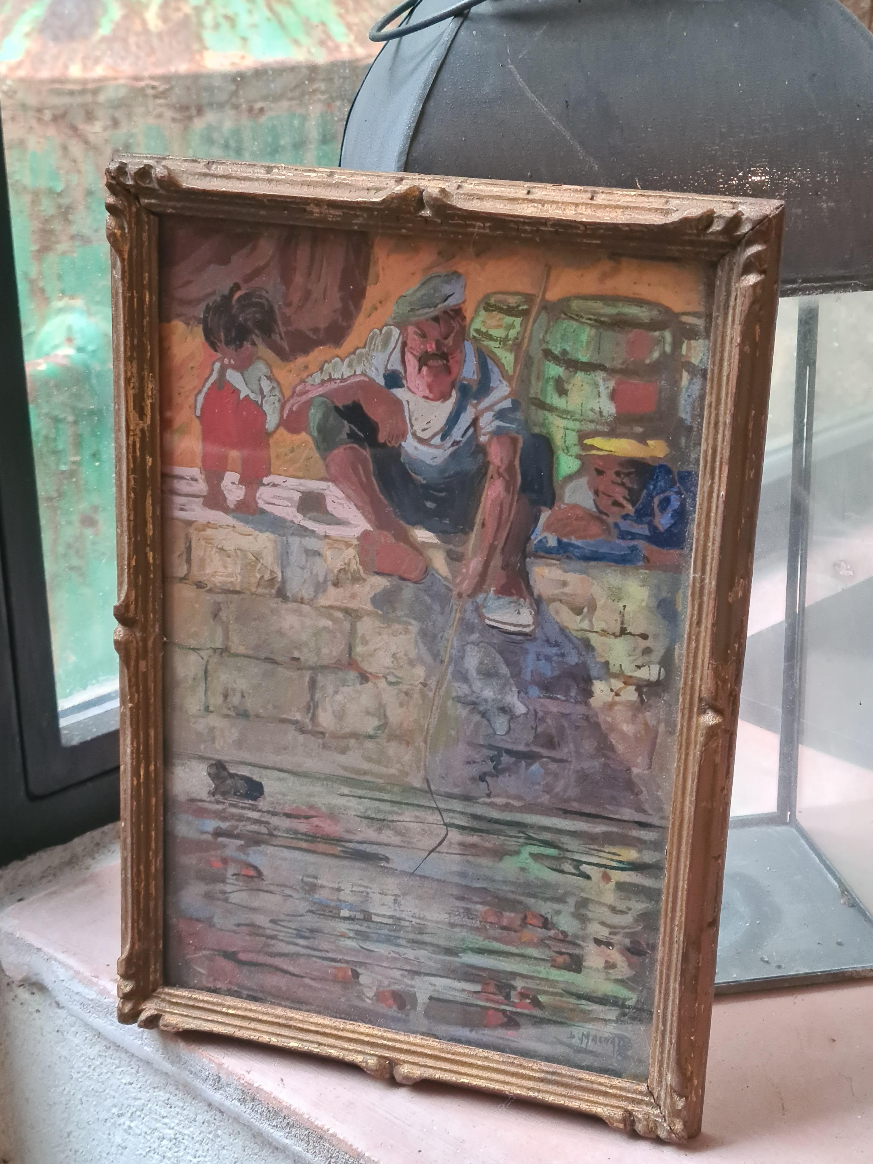 Guazzo francese dei primi del Novecento su carta, La rana e il pescatore in vendita 8