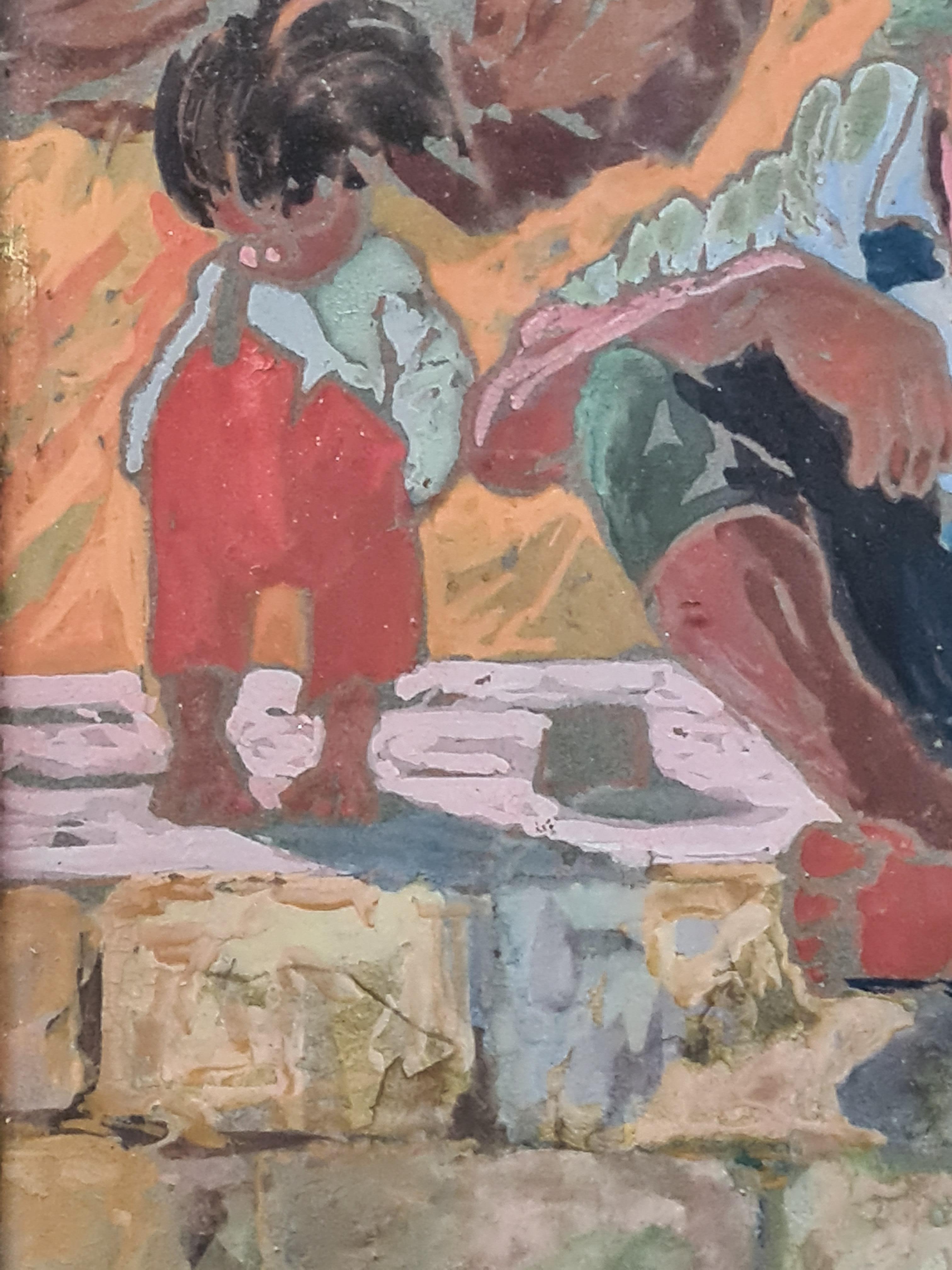 Gouache e acquerello su carta di Louis Henri Magnat dei primi del Novecento. Il dipinto è firmato in basso a destra e presentato in una cornice in legno intagliato e dorato con vetro.

Un'incantevole e divertente veduta di un uomo che pesca con una