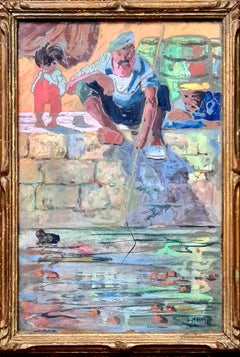 Französische Gouache des frühen 20. Jahrhunderts auf Papier, Der Frosch und der Fischer
