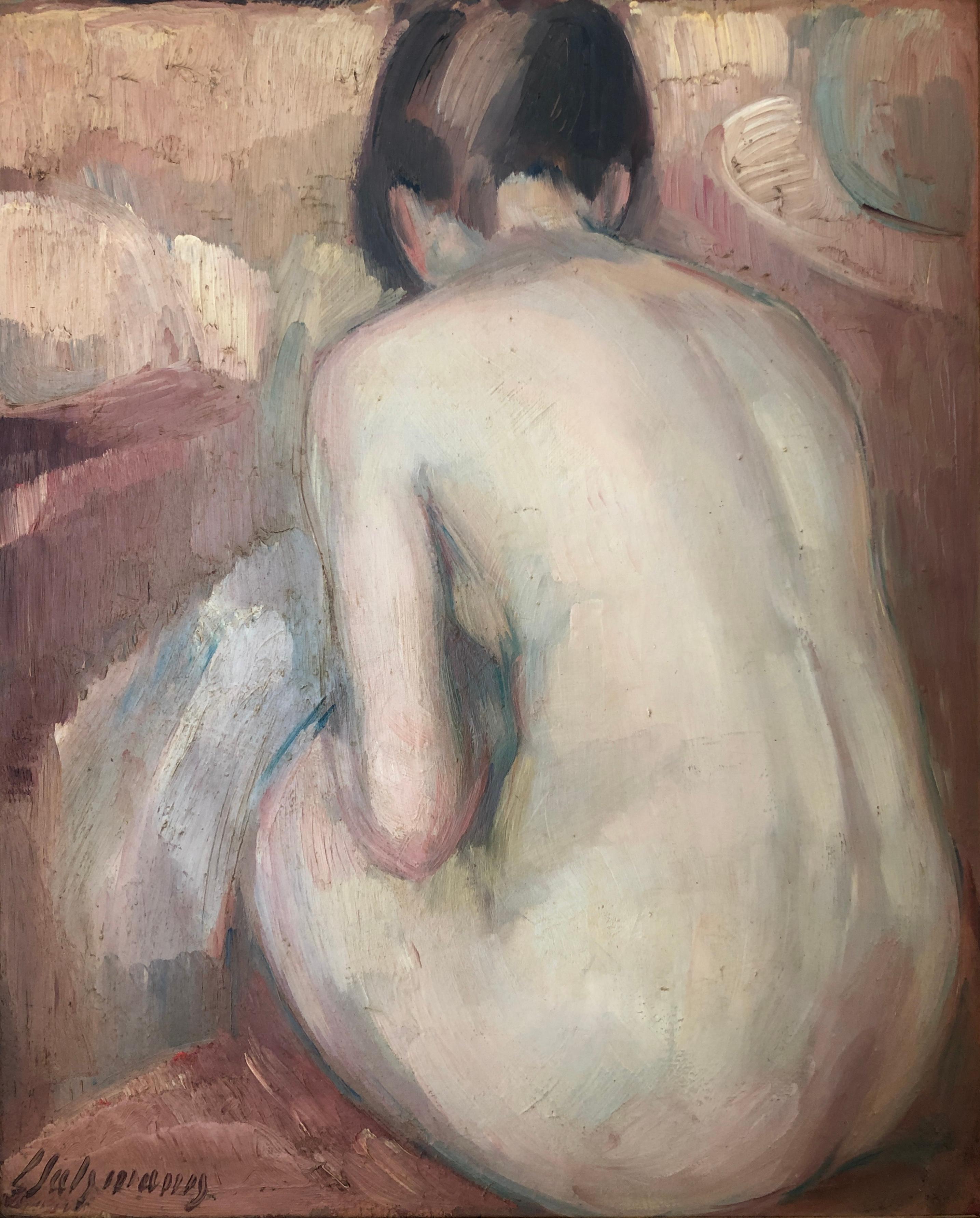 Louis Henri Salzmann Nude Painting - Back of seated naked woman