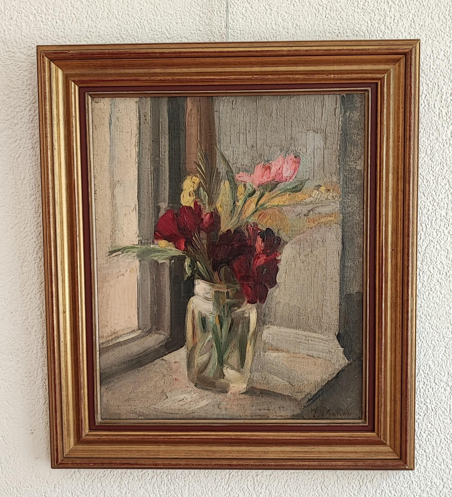 Bouquet of flowers by the window - Painting by Louis Henri Salzmann