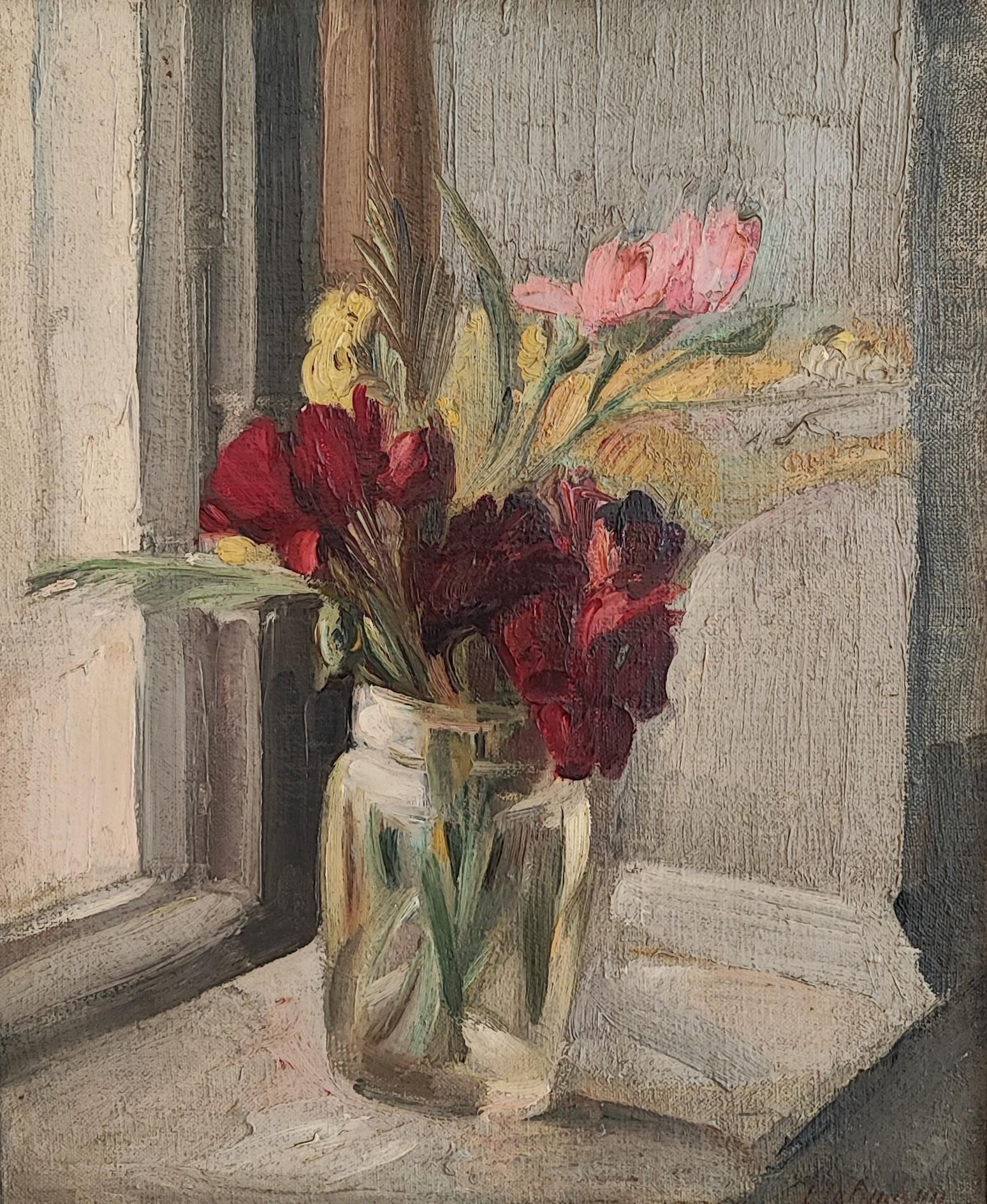 Louis Henri Salzmann Figurative Painting - Bouquet of flowers by the window