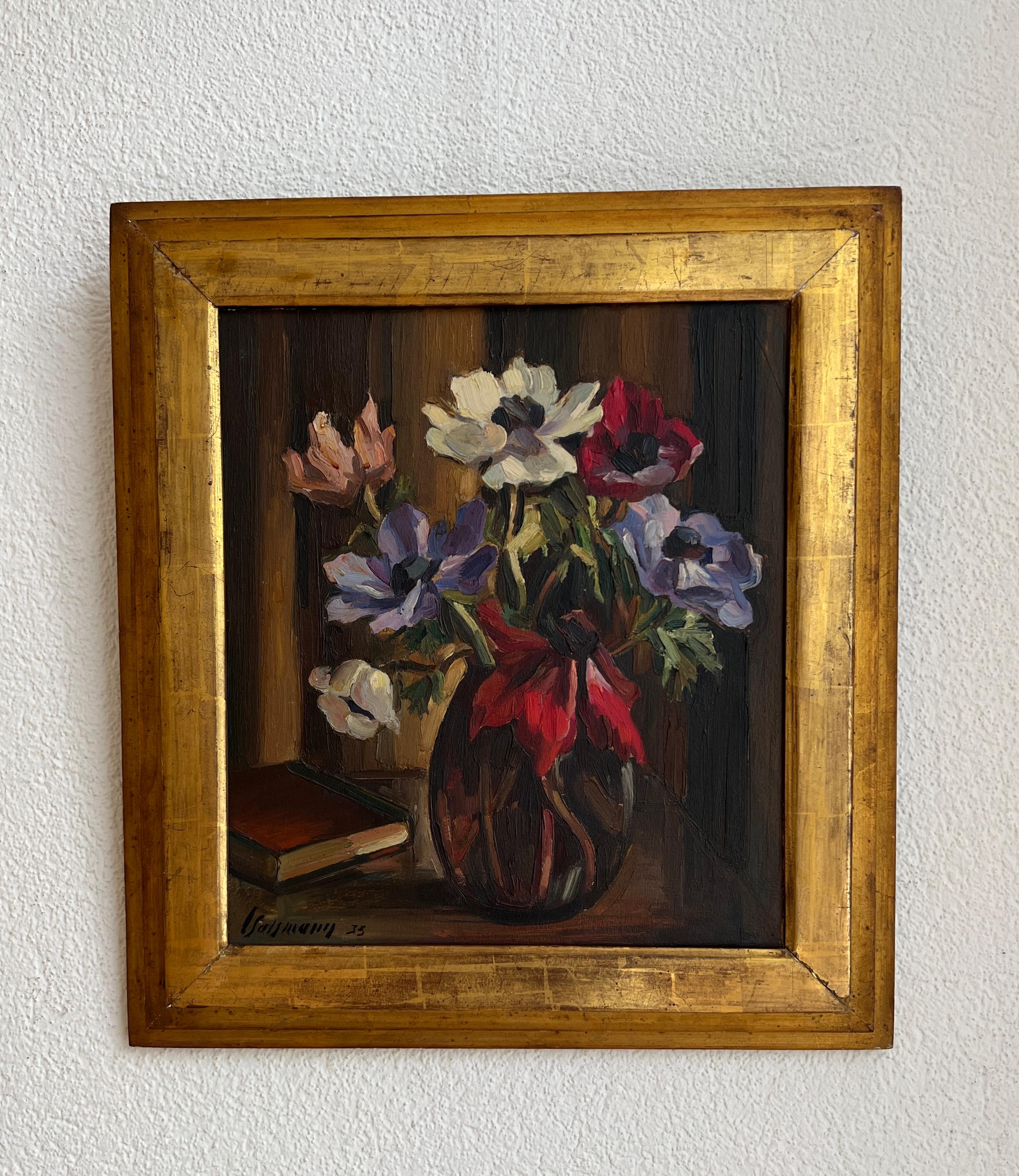 bouquet di fiori e libro - Painting di Louis Henri Salzmann