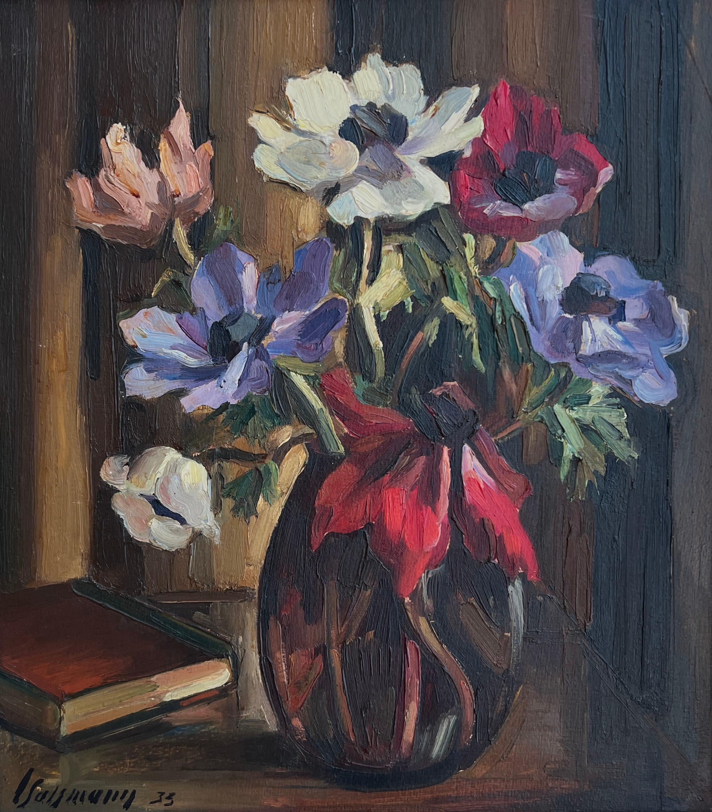 Figurative Painting di Louis Henri Salzmann - bouquet di fiori e libro