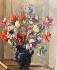 Vintage Flowers in a Black Pitcher by Louis Henri Salzmann - Oil on Canvas - 54x65 cm
