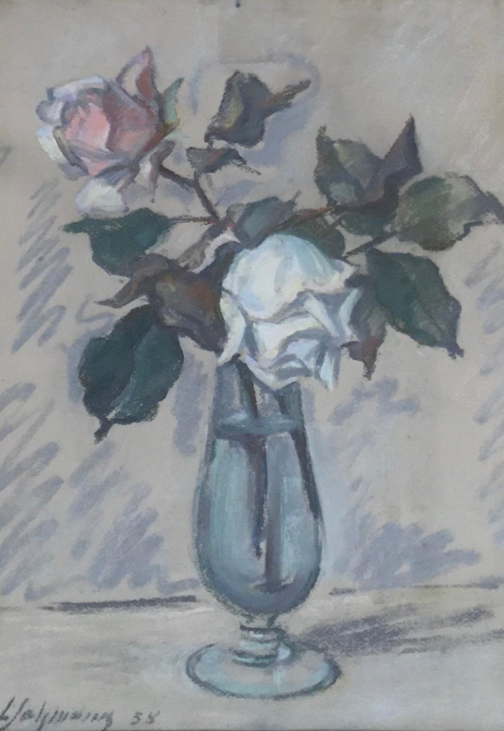 Louis Henri Salzmann Still-Life Painting - Two roses in vase