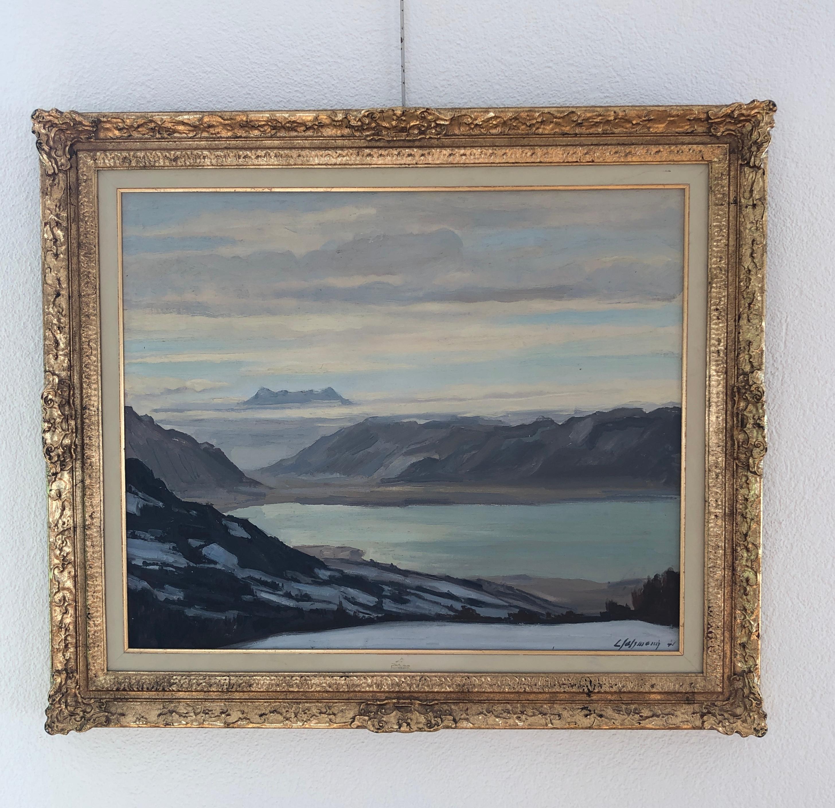 View of Lake Geneva and Dents of Midi - Painting by Louis Henri Salzmann