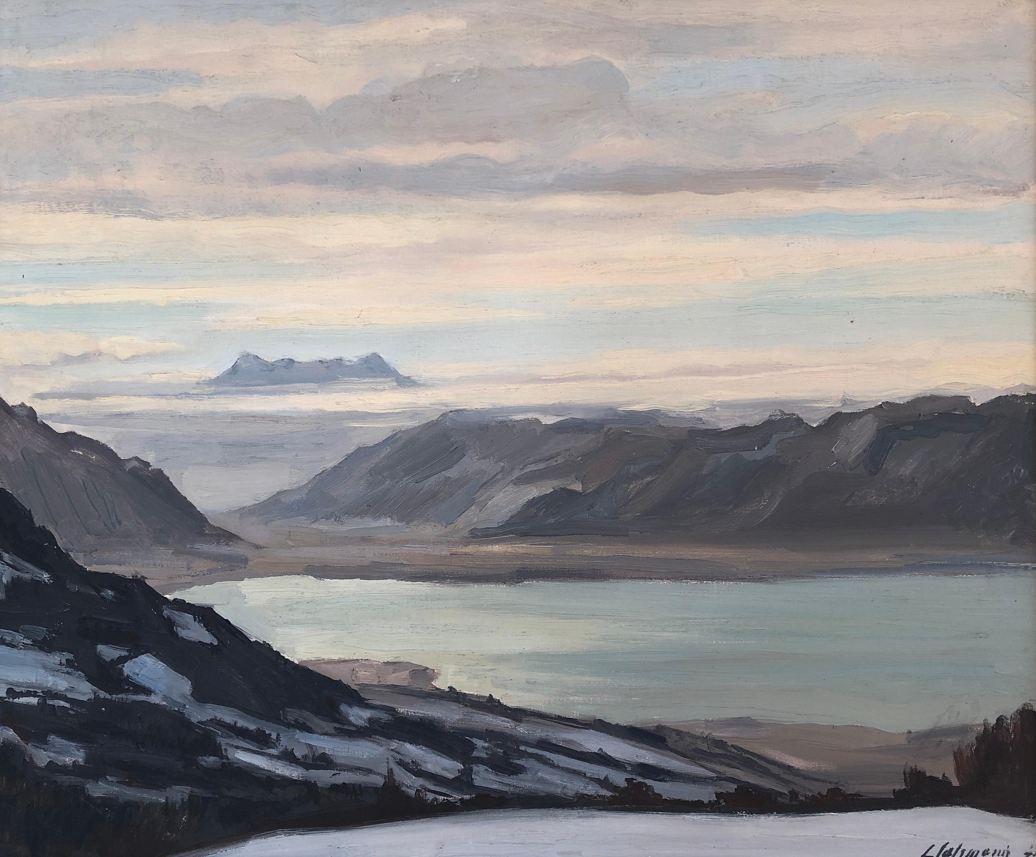 Louis Henri Salzmann Landscape Painting - View of Lake Geneva and Dents of Midi