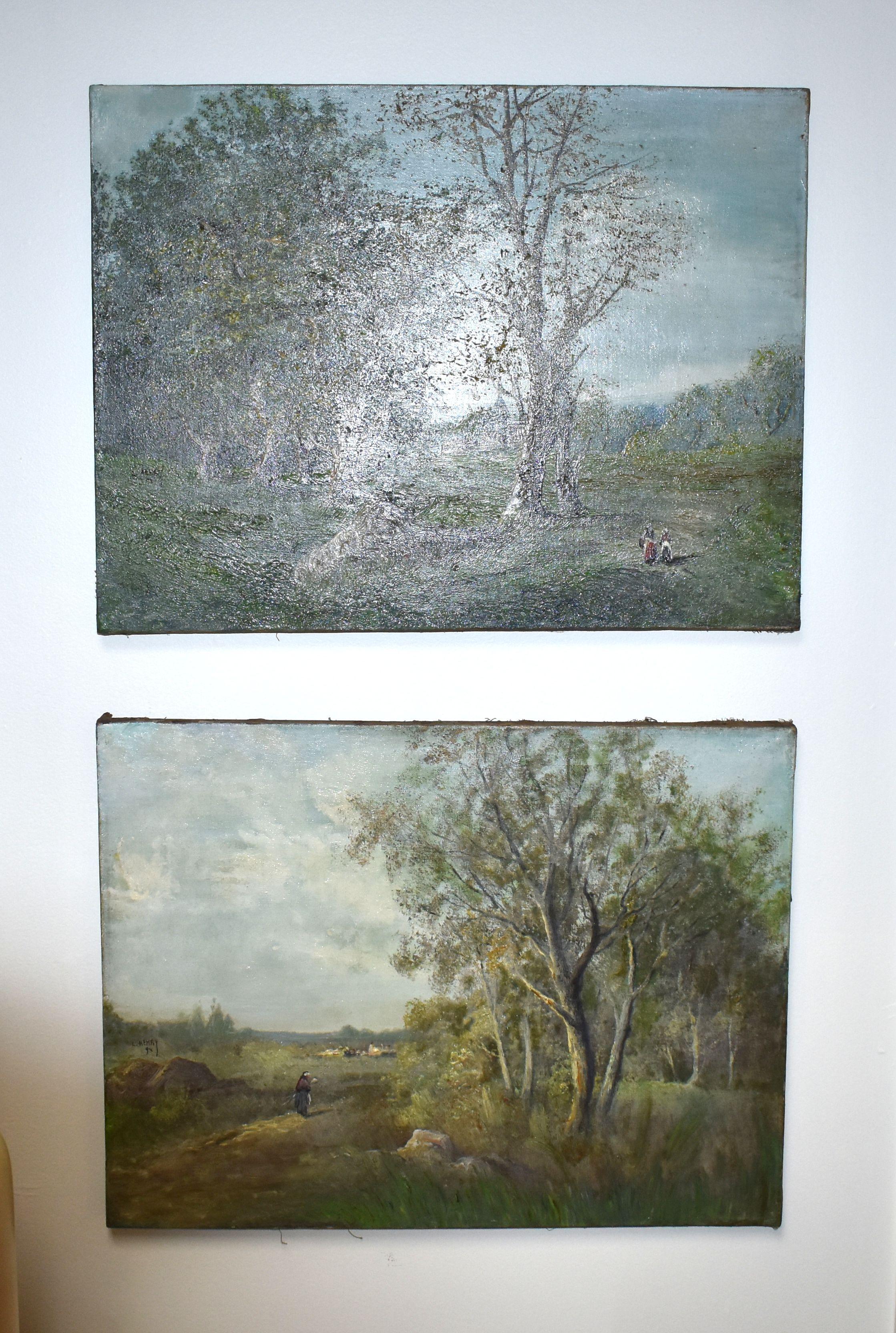 Primitive Louis Henry 19th Century Set of Four Landscape Signed Paintings