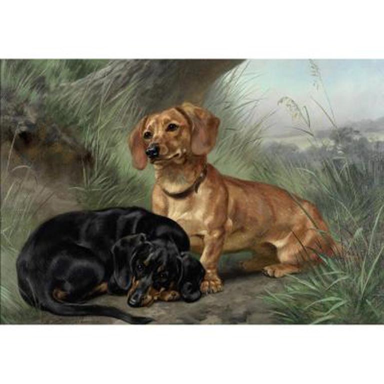 Louis Henry Weston Klingender Animal Painting - Two Dachshunds In A Landscape Louis Klingender (British, 1861--1950)