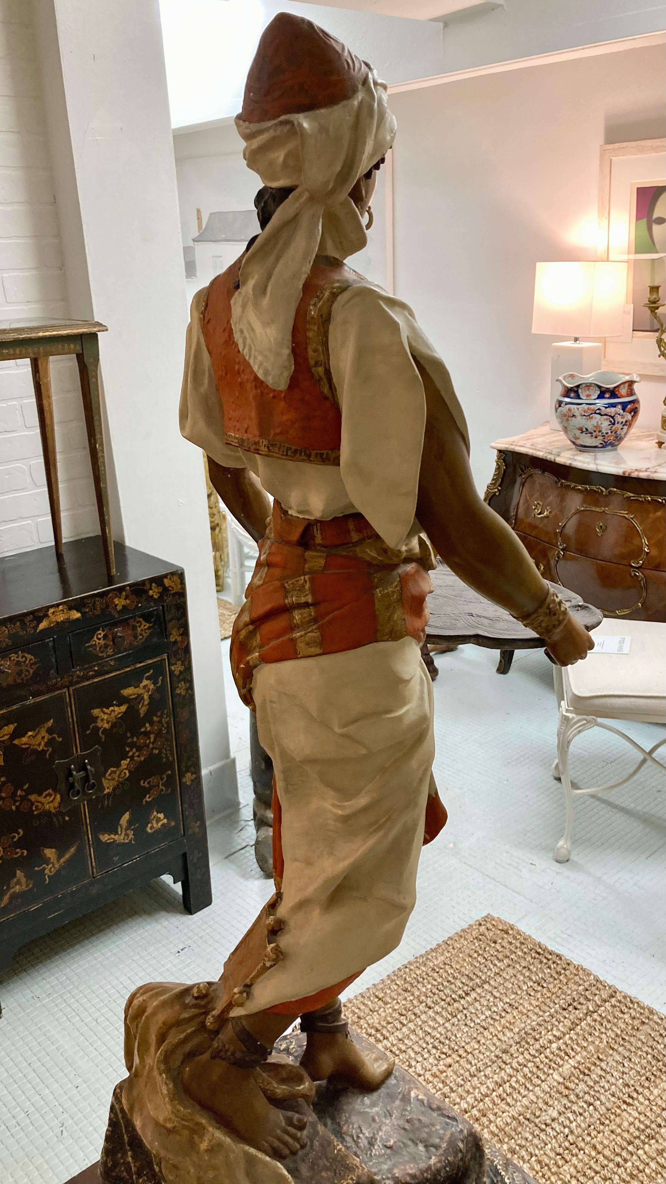 French Louis Hottot Large Scale Orientalist Statue on Leather Pedestal For Sale