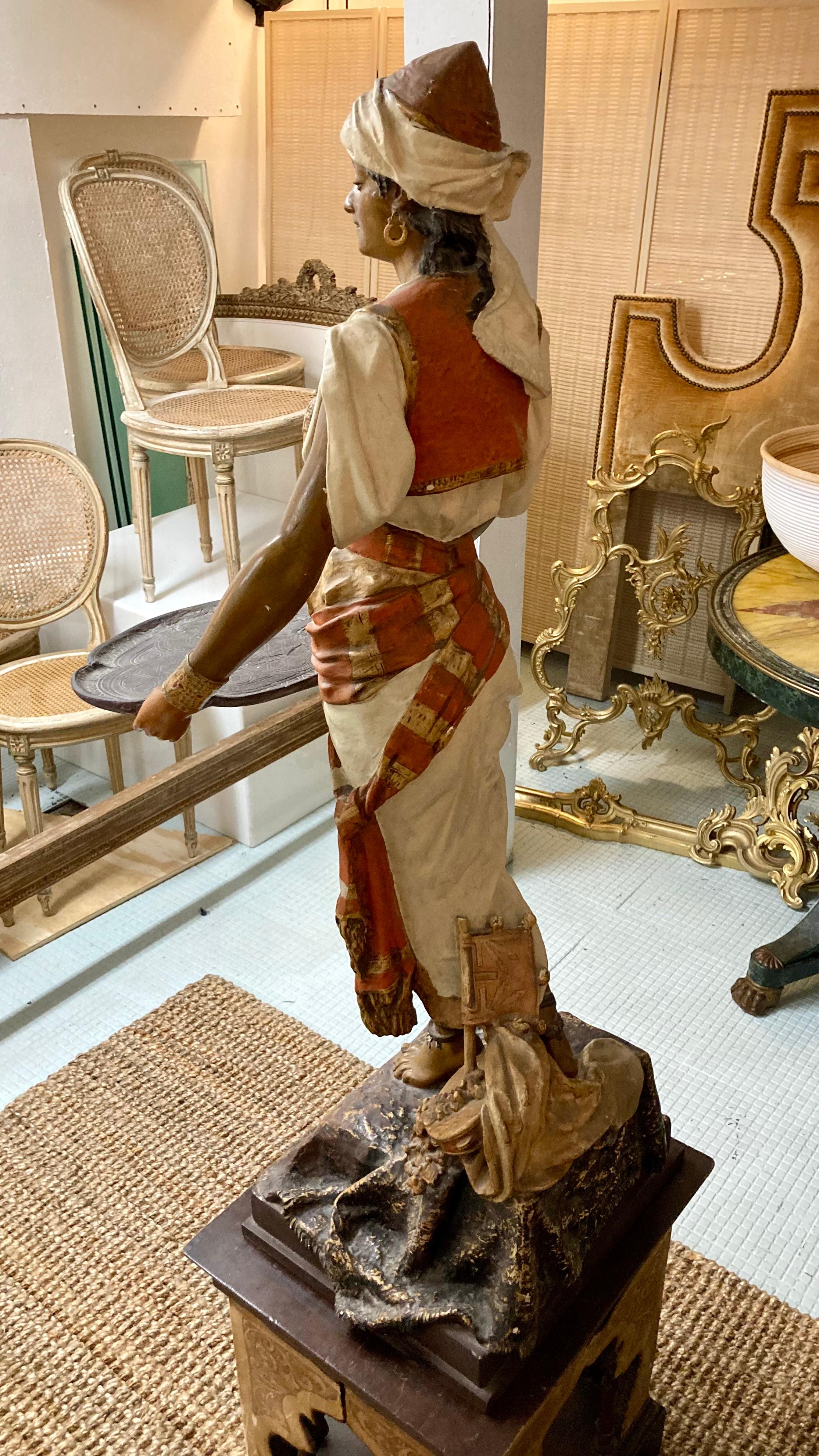 Louis Hottot Large Scale Orientalist Statue on Leather Pedestal In Good Condition For Sale In Los Angeles, CA